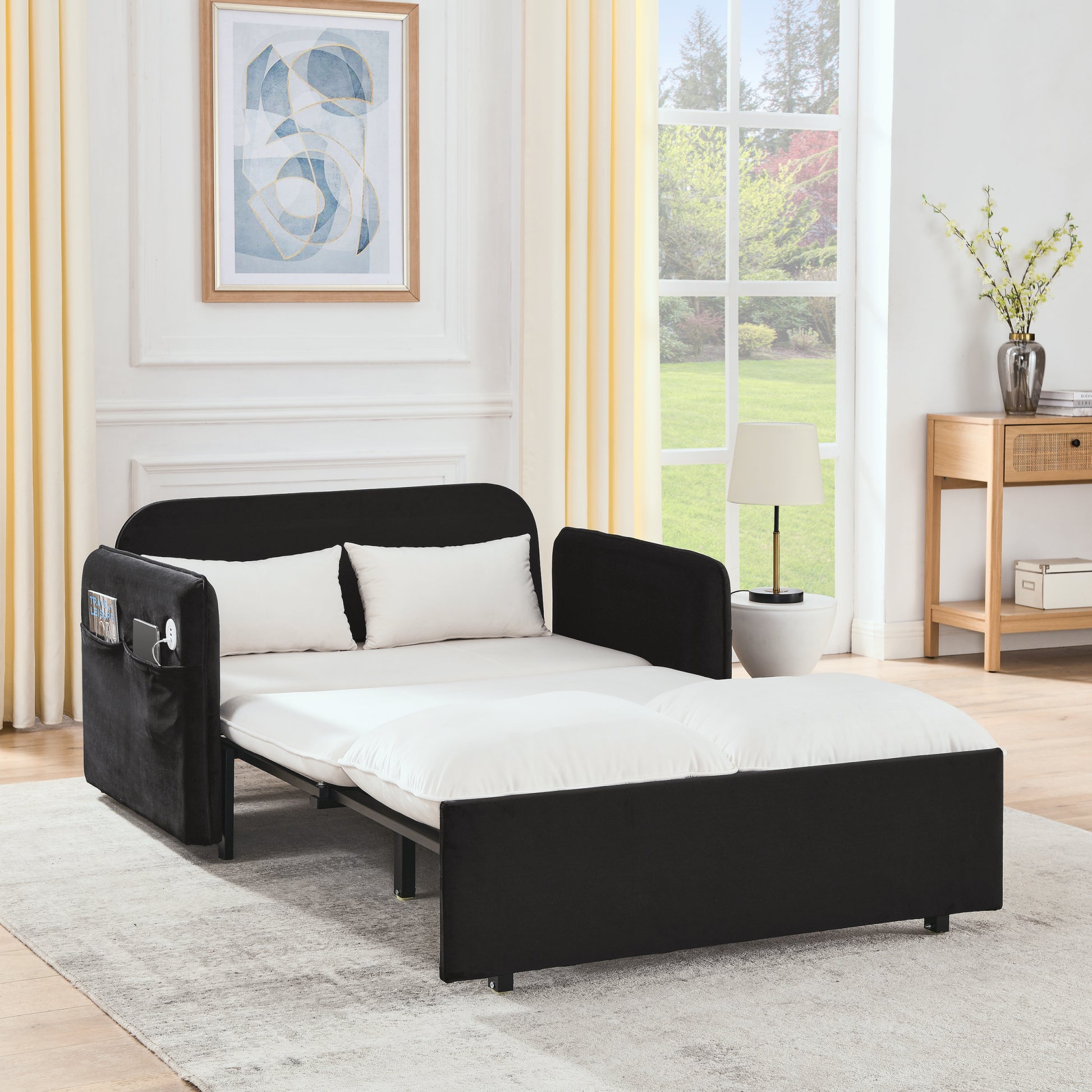 53" Modern Convertible Sofa Bed W 2 Removable Armrests W Usb Power Port, Velvet Recliner Adjustable Sofa W Head Pull Out Bed, 2 Pillows, For Living Room Apartment Etc., White Black Beige Black Foam Velvet