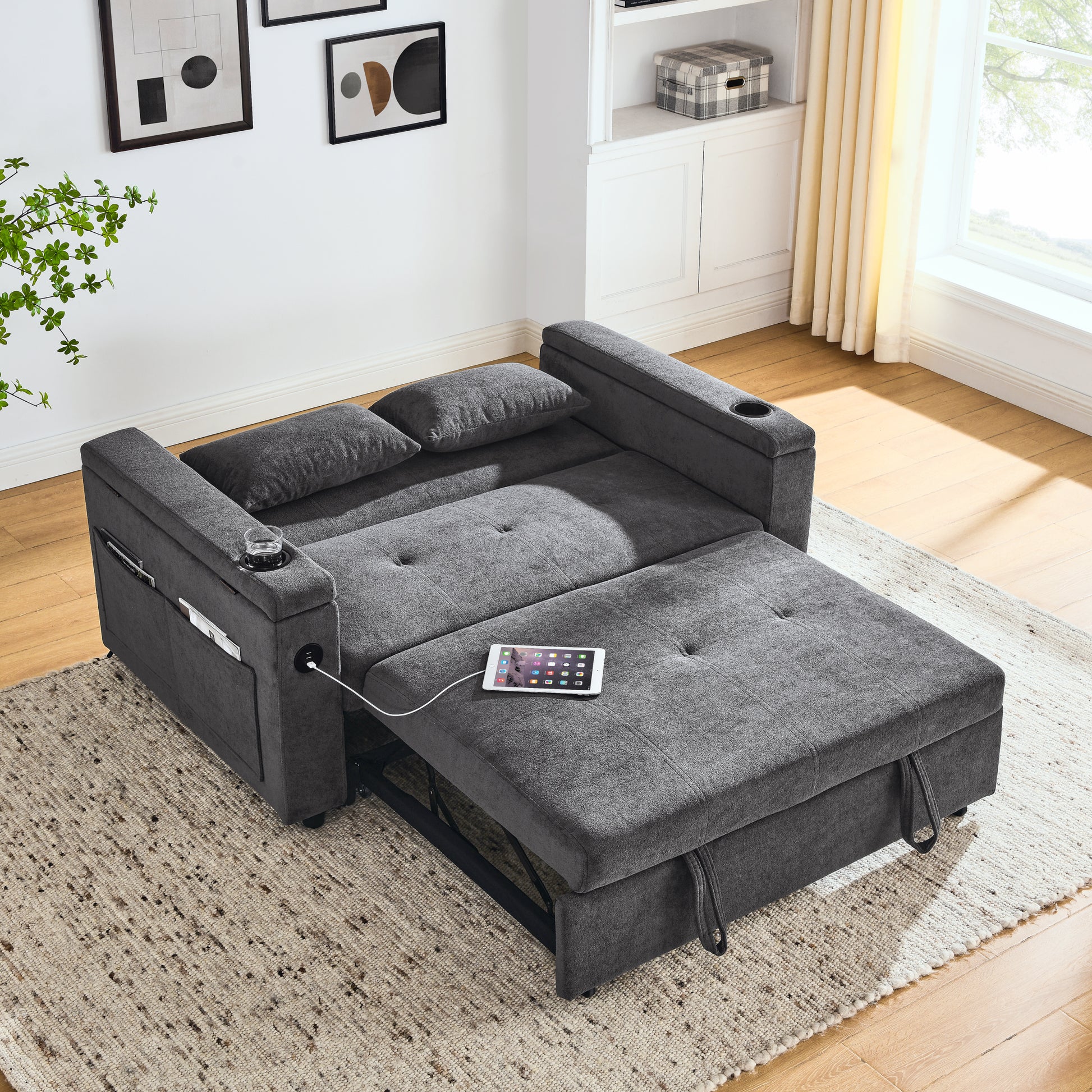 54" Pull Out Sleeper Sofa Bed Double Seat Recliner Sofa Bed With Armrests With Storage And Side Pockets, Adjustable Backrest And Lumbar Pillow For Apartments, Living Rooms, Etc. With Usb Power Outlet Grey Foam Chenille 2 Seat