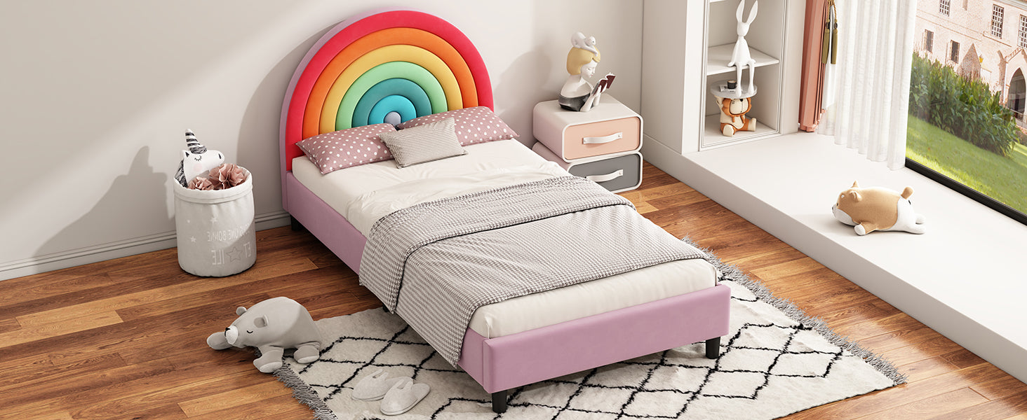 Rainbow Design Upholstered Twin Platform Bed Cute Style Princess Bed For Boys & Girls, Teens, Colorful & Pink Box Spring Not Required Twin Colorful Wood Bed Frame Velvet Velvet