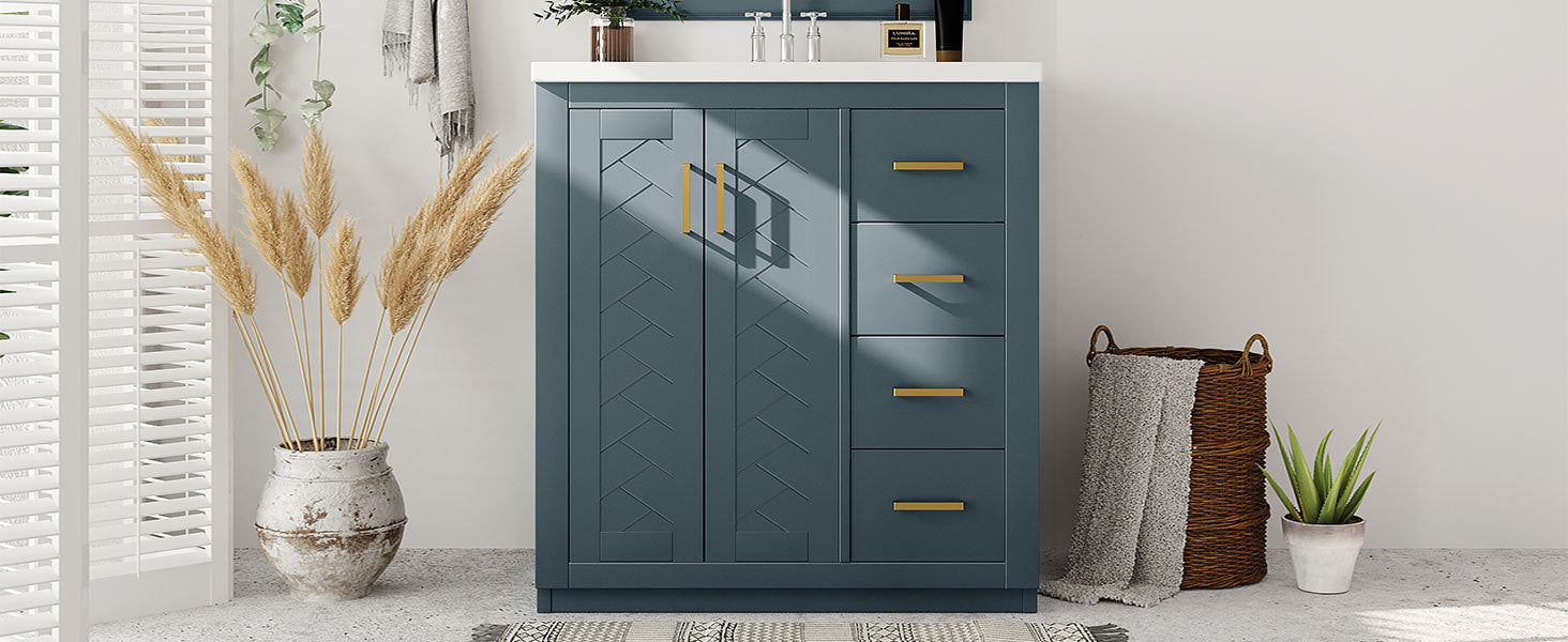 30'' Bathroom Vanity With Resin Sink Combo,Solid Wood Frame Bathroom Storage Cabinet, Freestanding Vanity Set With 3 Drawers& Soft Closing Doors 2 Navy Blue 2 1 Adjustable Hinges Bathroom Freestanding Solid Wood Mdf Resin Painted