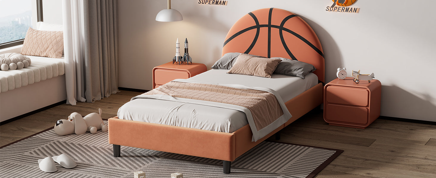 Basketball Design Upholstered Twin Platform Bed Sport Style Bed For Boys & Girls, Teens, Orange Box Spring Not Required Twin Orange Wood Bed Frame Velvet Velvet