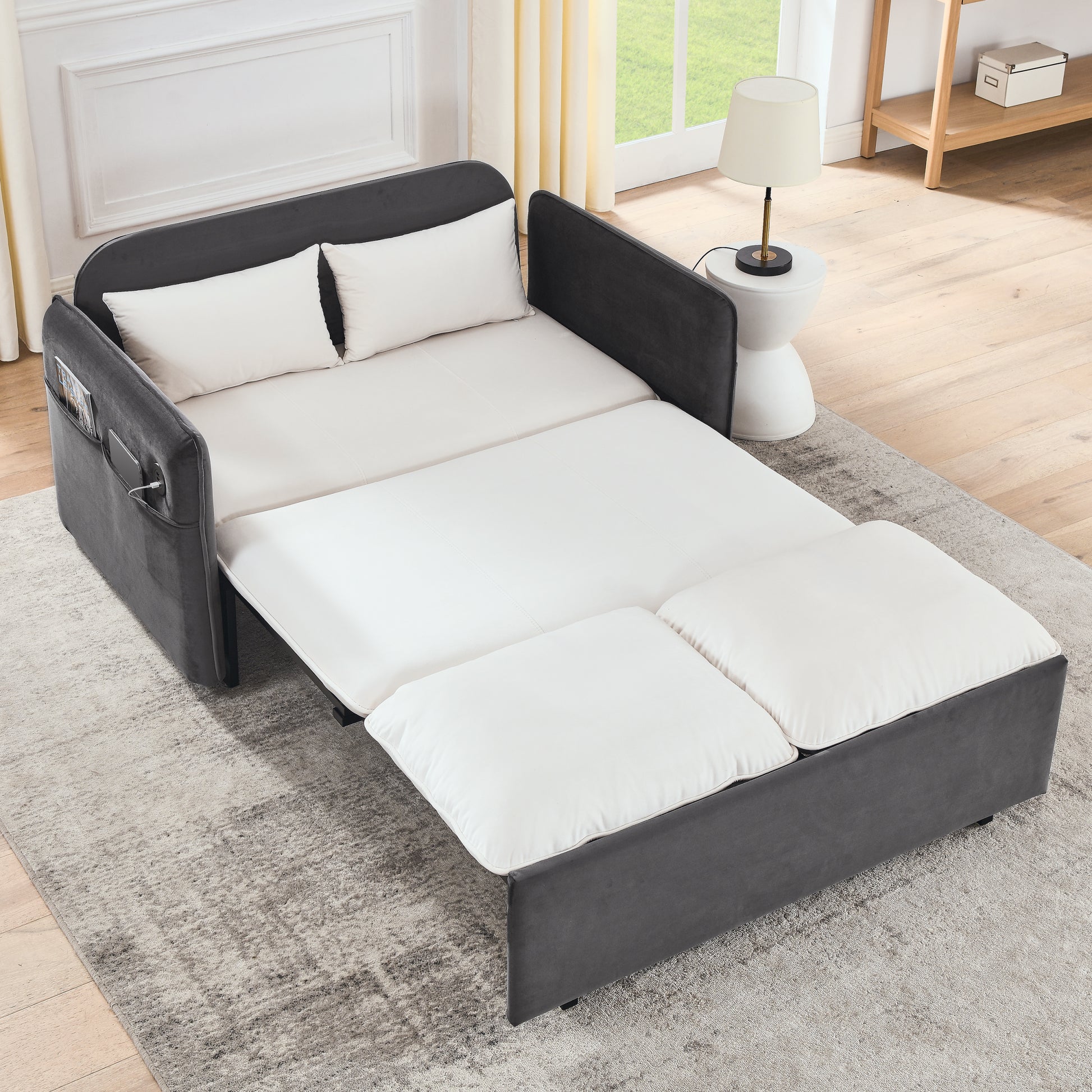 53" Modern Convertible Sofa Bed W 2 Removable Armrests W Usb Power Port, Velvet Recliner Adjustable Sofa W Head Pull Out Bed, 2 Pillows, For Living Room Apartment Etc., White Grey Beige Grey Foam Velvet