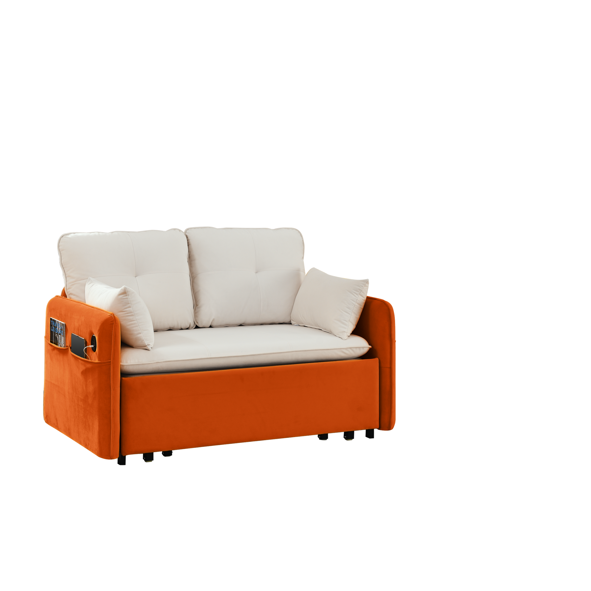 53" Modern Convertible Sofa Bed W 2 Removable Armrests W Usb Power Port, Velvet Recliner Adjustable Sofa W Head Pull Out Bed, 2 Pillows, For Living Room Apartment Etc., White Orange Beige Foam Velvet