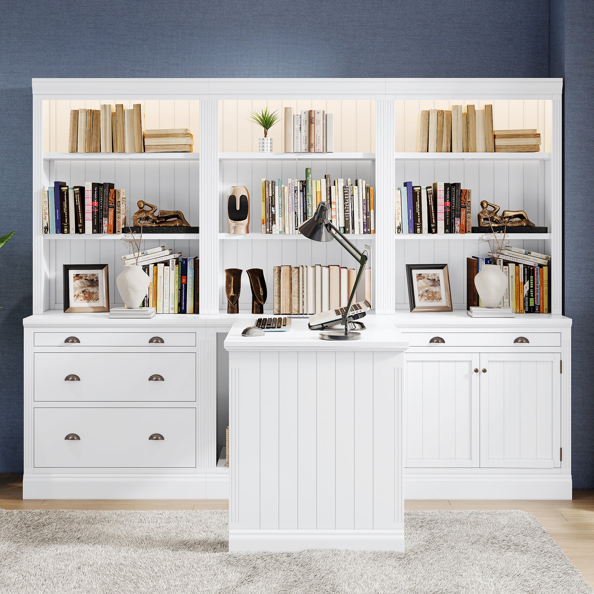 83.4"Tall 2 Bookshelf & 1 Writting Desk Suite,Modern Bookcase Suite With Led Lighting, Drawers,Study Desk And Open Shelves,3 Piece Set Storage Bookshelf For Living Room,Home Office,Study Room,White White Solid Wood Mdf