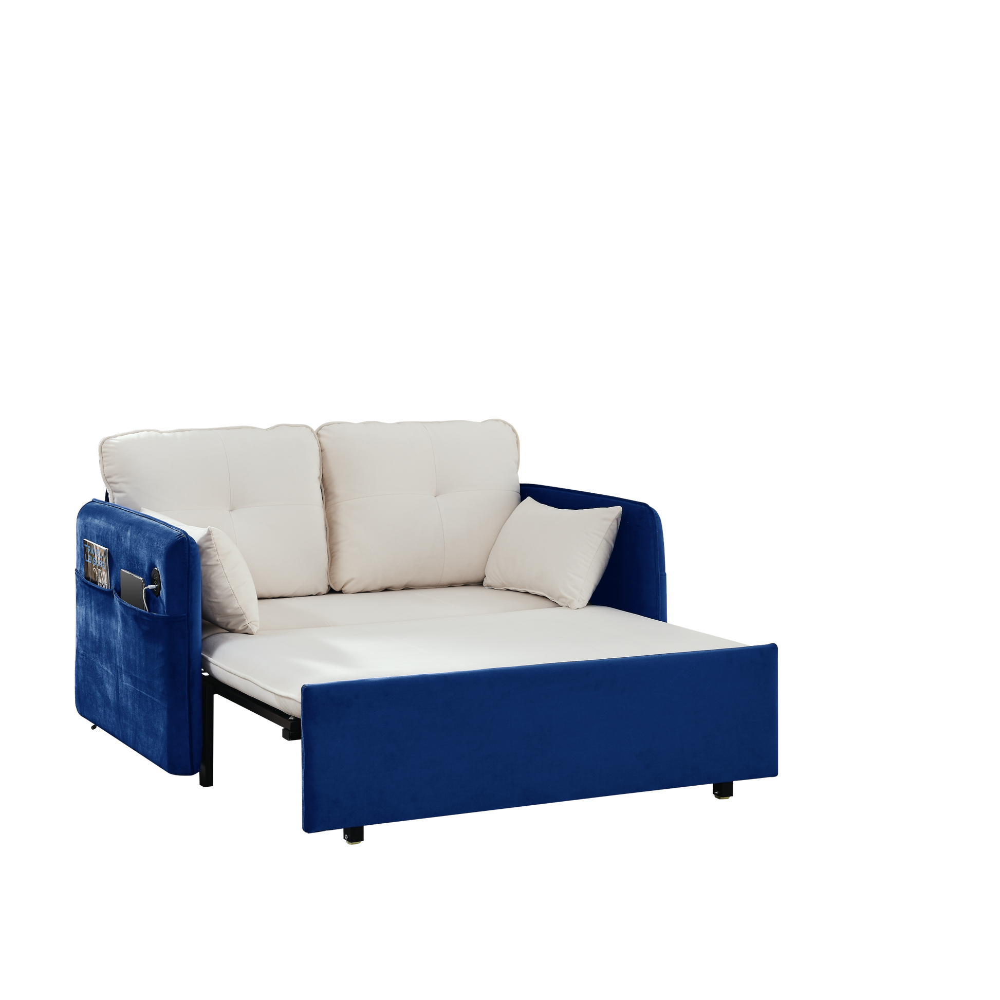 53" Modern Convertible Sofa Bed W 2 Removable Armrests W Usb Power Port, Velvet Recliner Adjustable Sofa W Head Pull Out Bed, 2 Pillows, For Living Room Apartment Etc., White Blue Beige Blue Foam Velvet