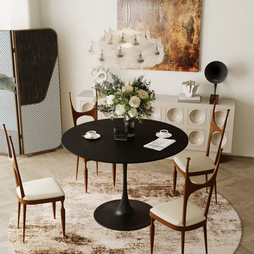 42.13"Modern Round Dining Table,Four Patchwork Tabletops With Black Solid Wood Veneer Table Top,Metal Base Dining Table, End Table Leisure Coffee Table Black Mdf Metal