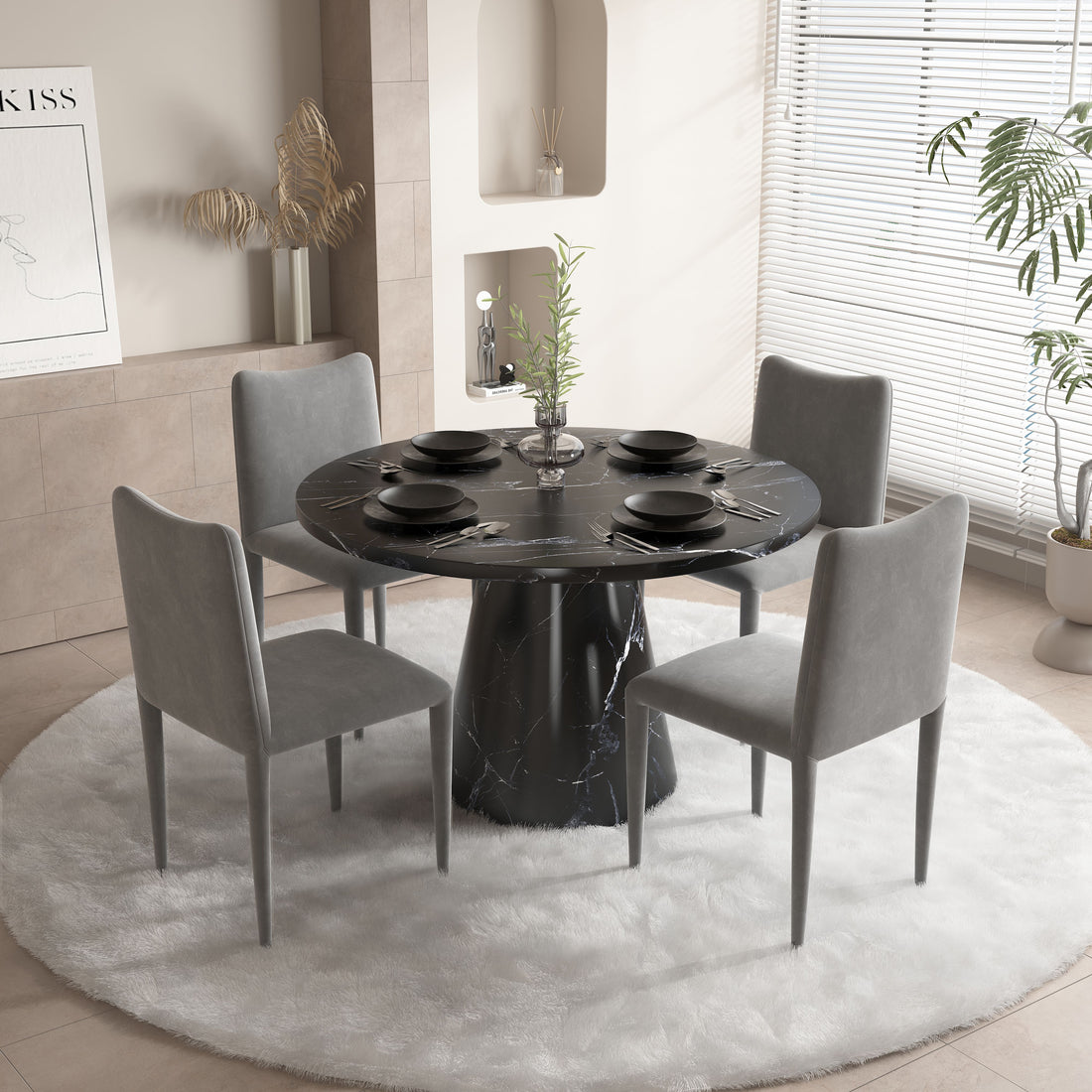 Hollis Dining Table, Engineering Stone Finish Dn02155 Black Mdf