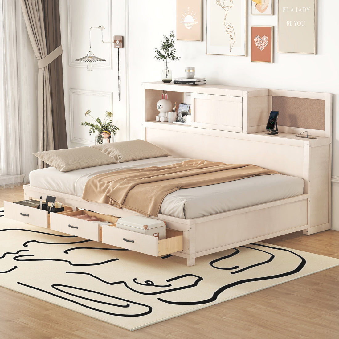 Full Size Wooden Daybed With 3 Storage Drawers, Upper Soft Board, Shelf, And A Set Of Sockets And Usb Ports, White White Solid Wood Mdf