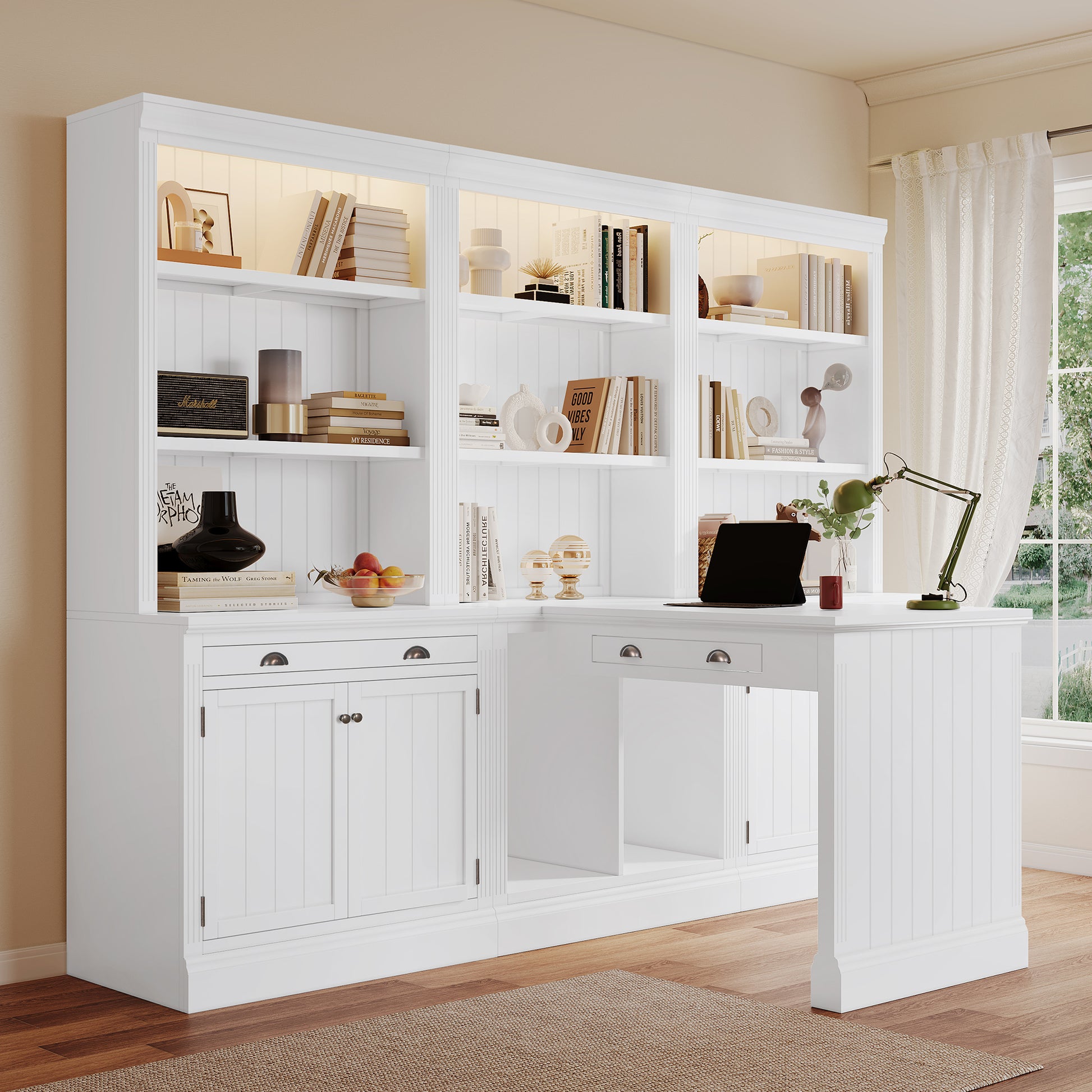 83.4"Tall 2 Bookshelf & 1 Writting Desk Suite,Modern Bookcase Suite With Led Lighting, Drawers,Doors,Study Desk And Open Shelves,3 Piece Set Storage Bookshelf For Living Room,Home Office,White White Solid Wood Mdf