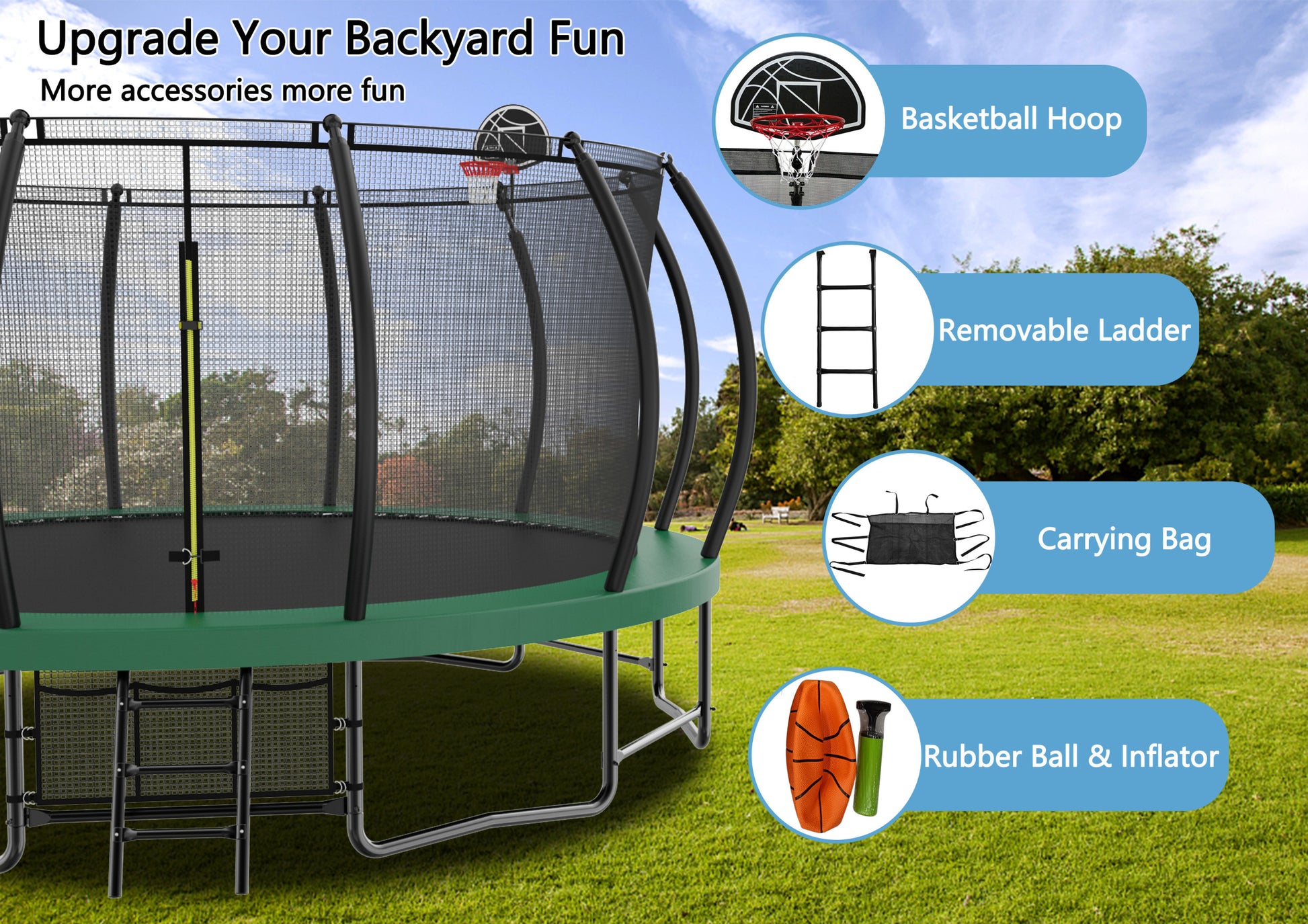 15Ft Trampoline With Basketball Hoop Recreational Trampolines With Ladder ,Shoe Bag And Galvanized Anti Rust Coating Army Green Steel