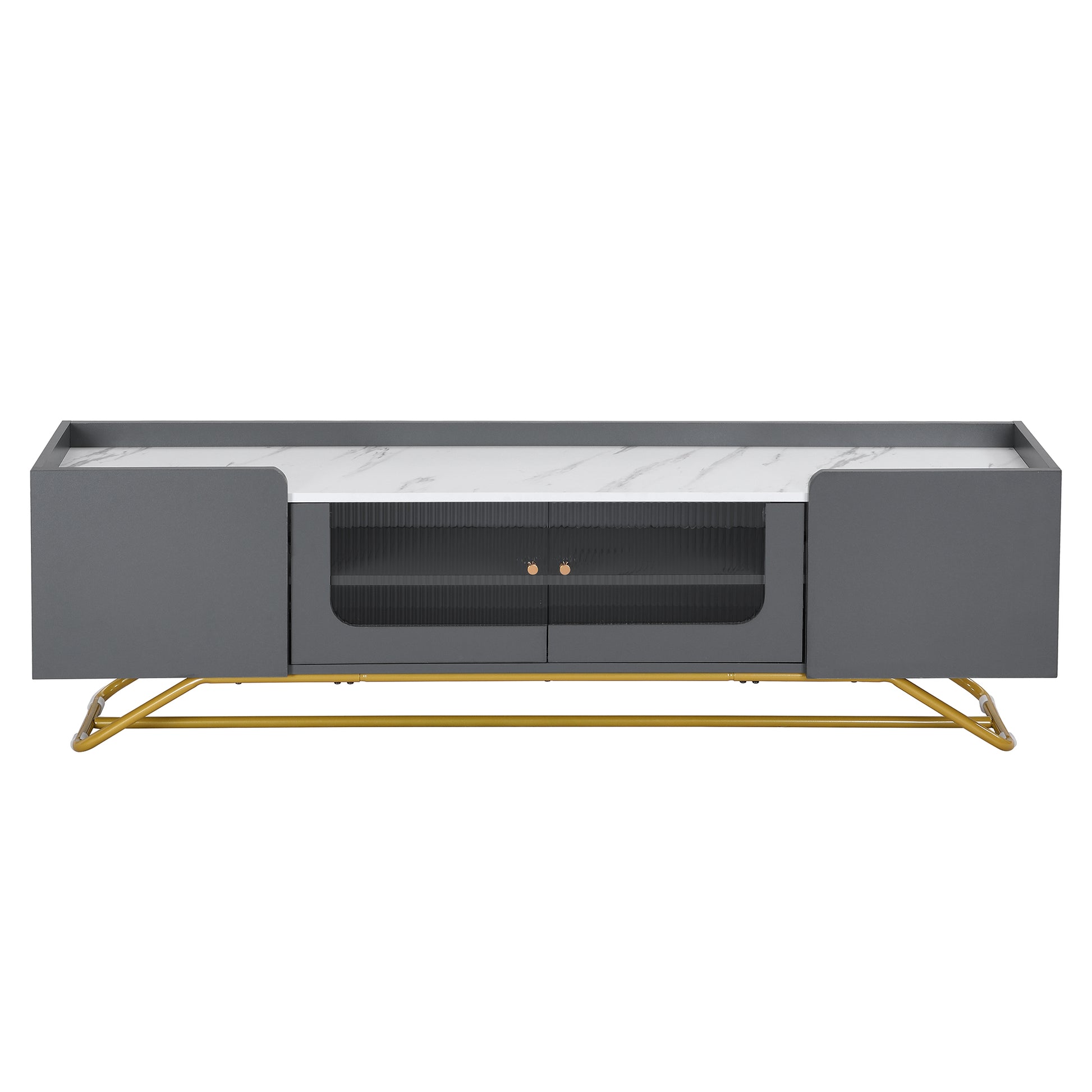 Sleek Design Tv Stand With Fluted Glass, Contemporary Entertainment Center For Tvs Up To 70", Faux Marble Top Tv Console Table With Gold Frame Base, Grey Grey Primary Living Space 70 79 Inches 70 79 Inches Modern 70 Inches Particle Board