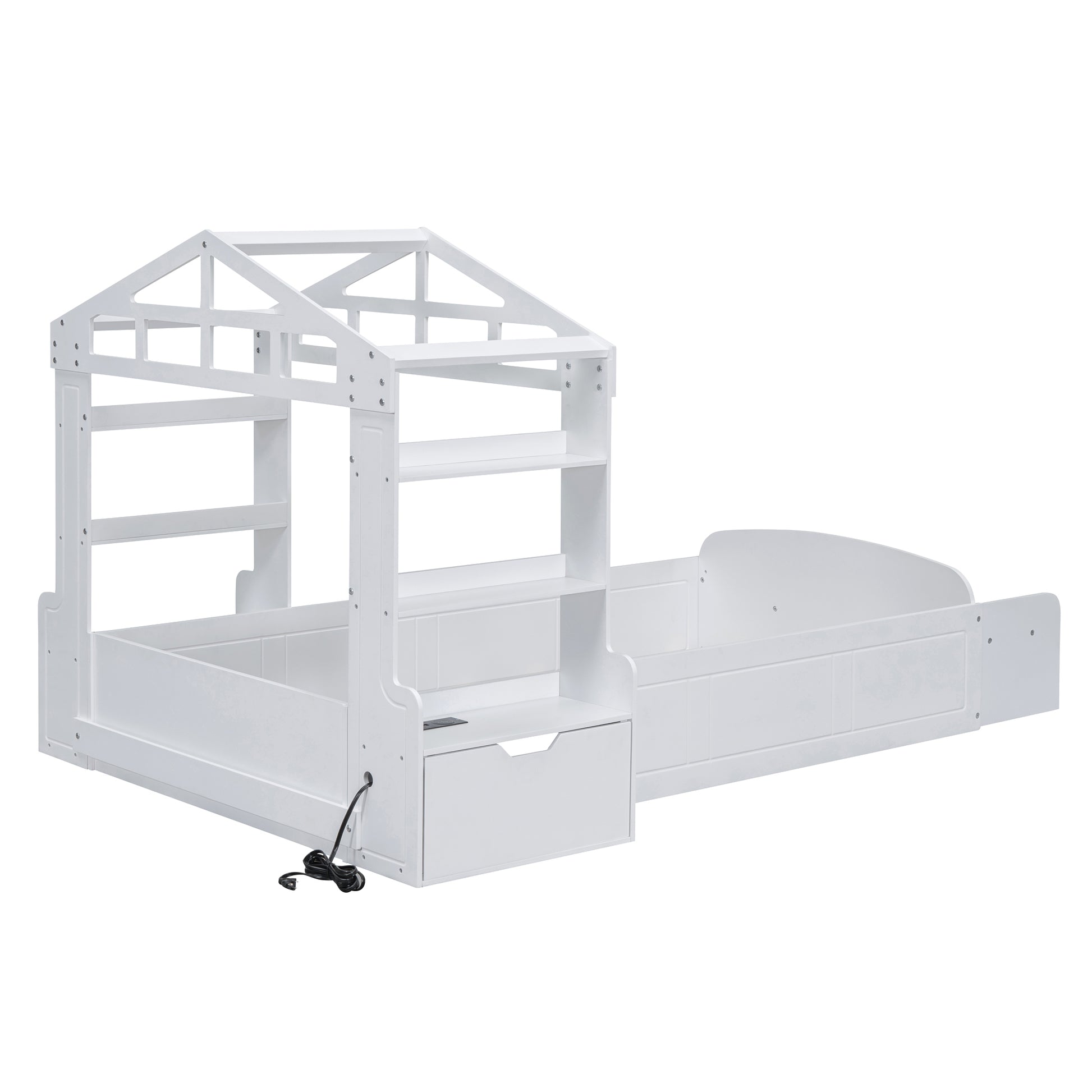 Twin Size House Bed With Bench, Socket And Shelves, White White Solid Wood Mdf