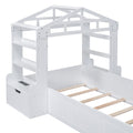 Twin Size House Bed With Bench, Socket And Shelves, White White Solid Wood Mdf