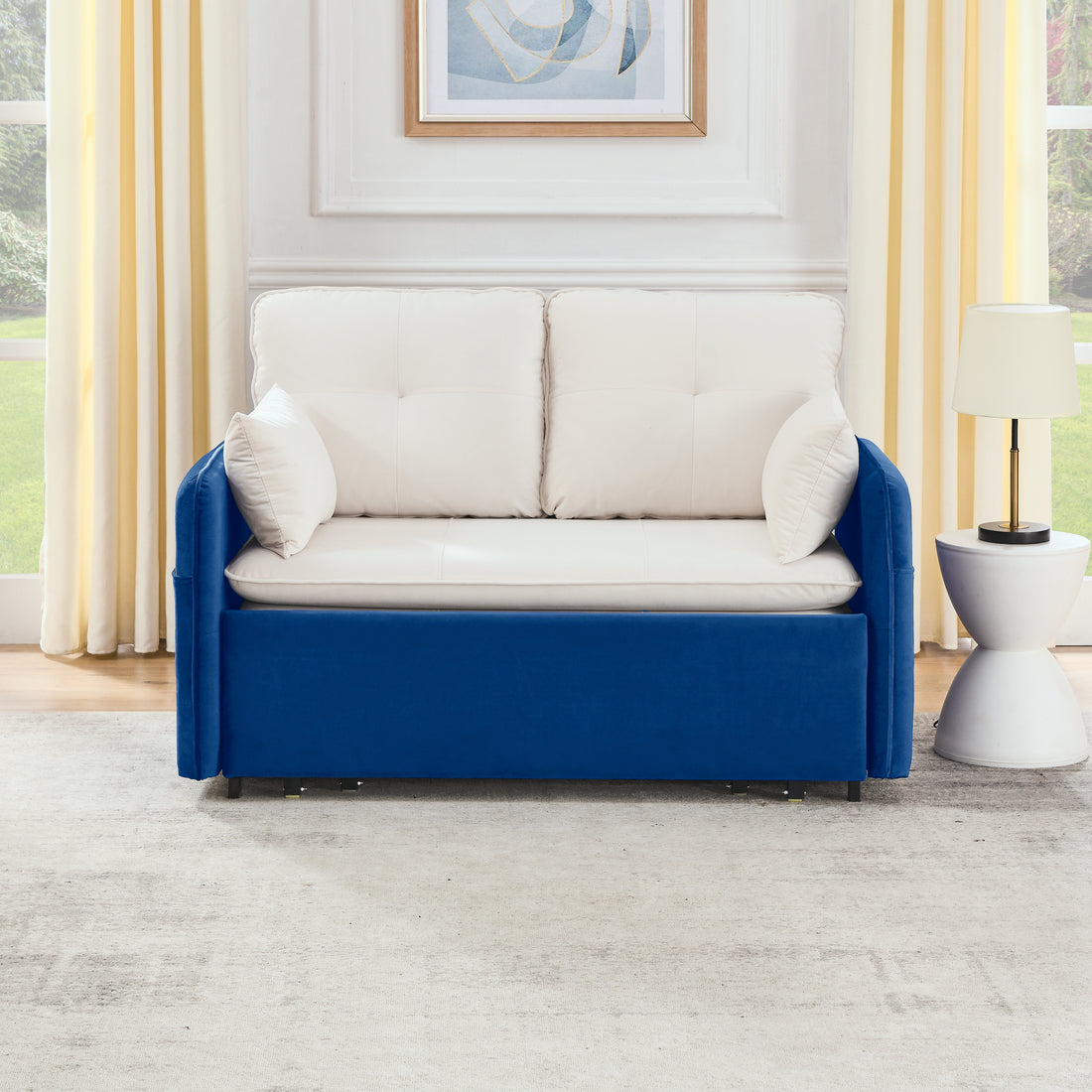 53" Modern Convertible Sofa Bed W 2 Removable Armrests W Usb Power Port, Velvet Recliner Adjustable Sofa W Head Pull Out Bed, 2 Pillows, For Living Room Apartment Etc., White Blue Beige Blue Foam Velvet
