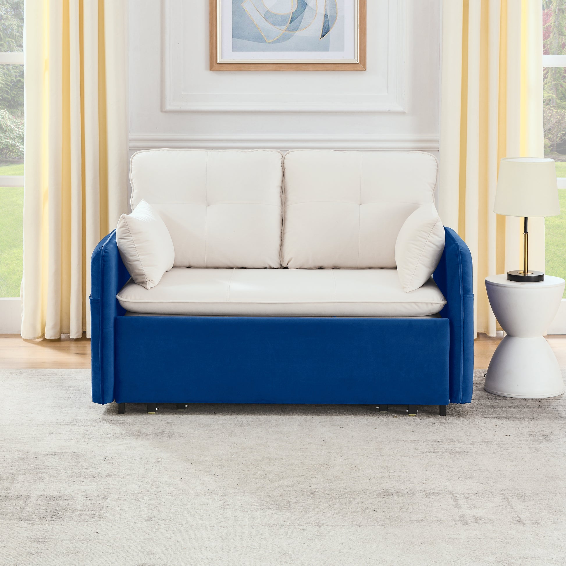53" Modern Convertible Sofa Bed W 2 Removable Armrests W Usb Power Port, Velvet Recliner Adjustable Sofa W Head Pull Out Bed, 2 Pillows, For Living Room Apartment Etc., White Blue Beige Blue Foam Velvet