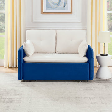 53" Modern Convertible Sofa Bed W 2 Removable Armrests W Usb Power Port, Velvet Recliner Adjustable Sofa W Head Pull Out Bed, 2 Pillows, For Living Room Apartment Etc., White Blue Beige Blue Foam Velvet