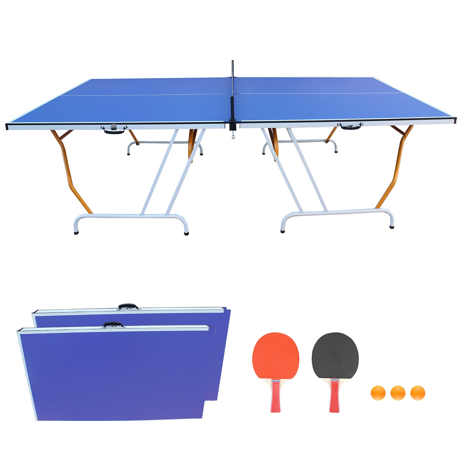 9Ft Mid Size Table Tennis Table Foldable & Portable Ping Pong Table Set For Indoor Games With Net, 2 Table Tennis Paddles And 3 Balls Blue Mdf