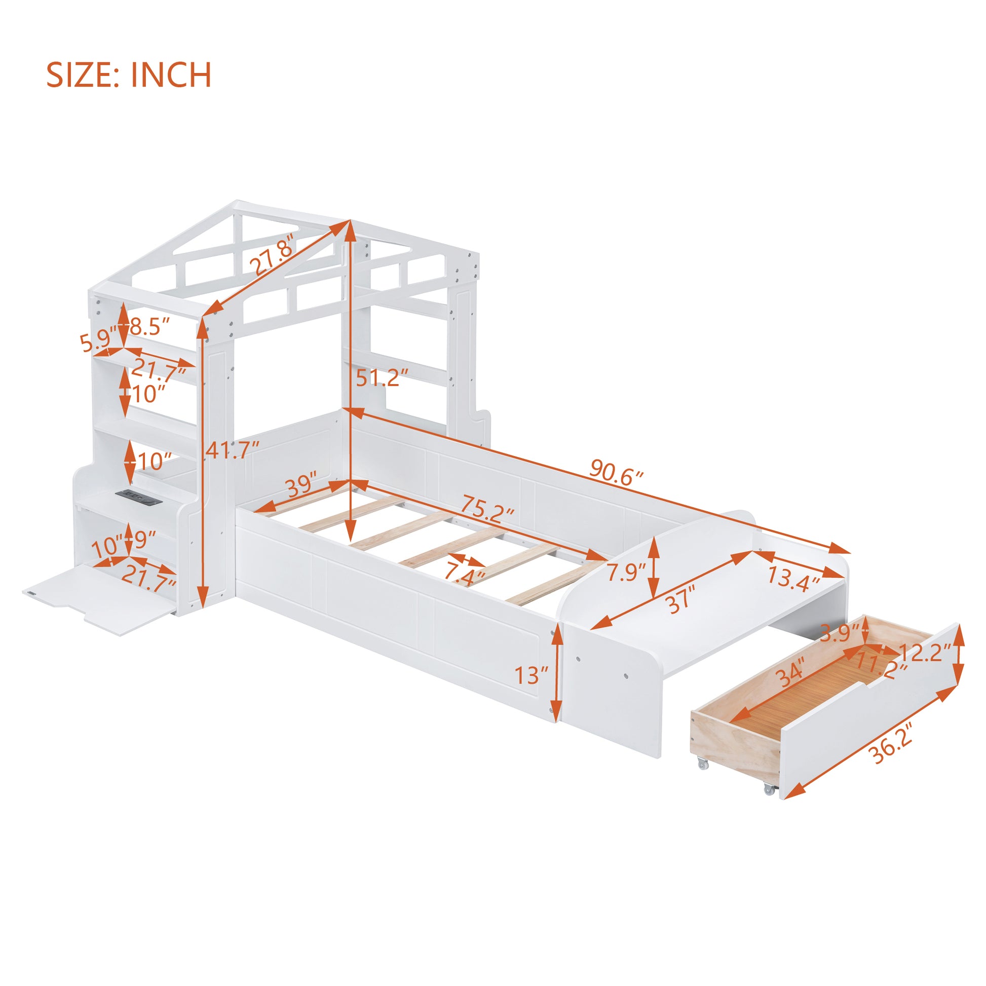 Twin Size House Bed With Bench, Socket And Shelves, White White Solid Wood Mdf