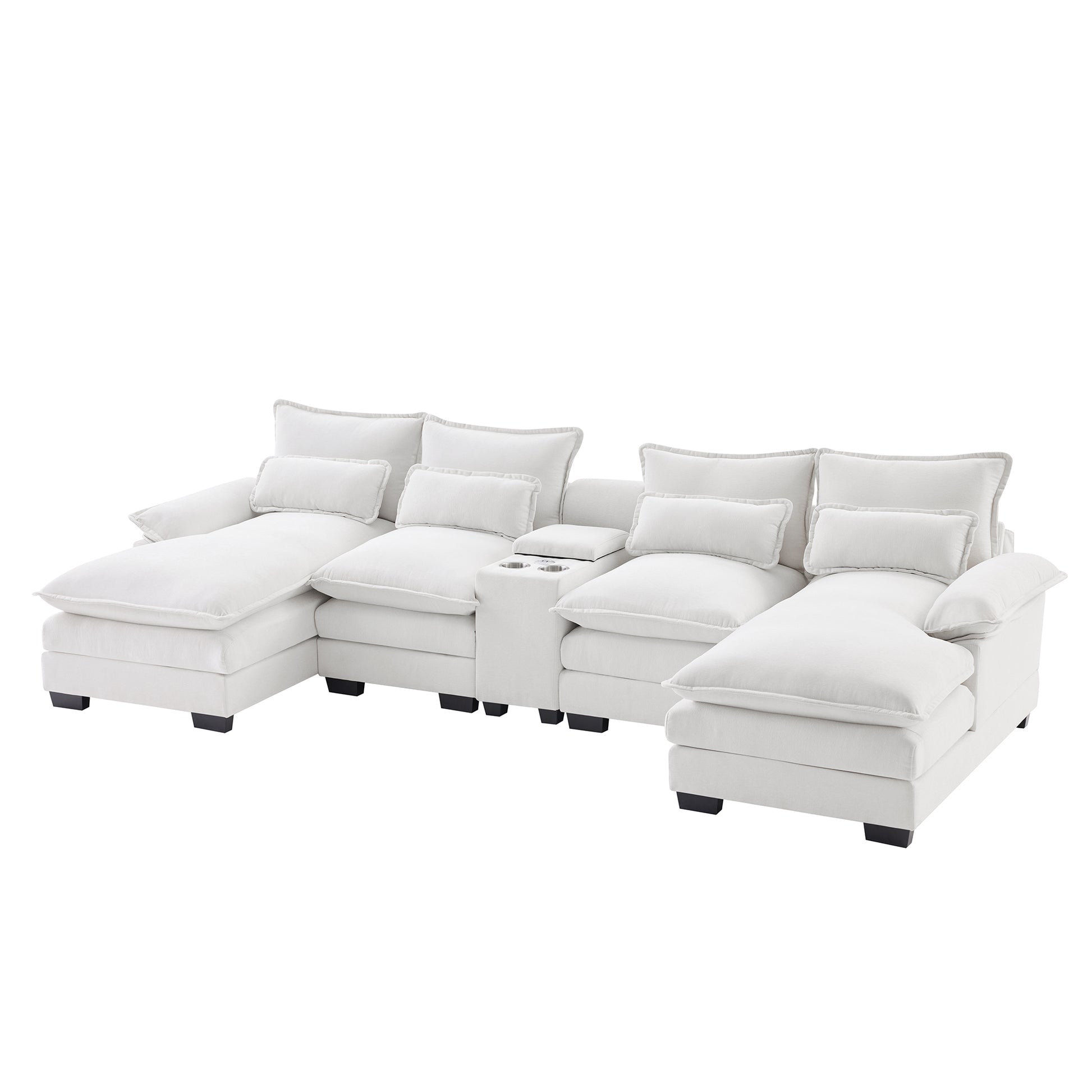 123*55" Modern U Shaped Sofa With Console,Cupholders And Usb Ports,6 Seat Upholstered Symmetrical Indoor Furniture,Sleeper Couch Set With Chaise For Living Room,Apartment,2 Colors White Chenille 6 Seat