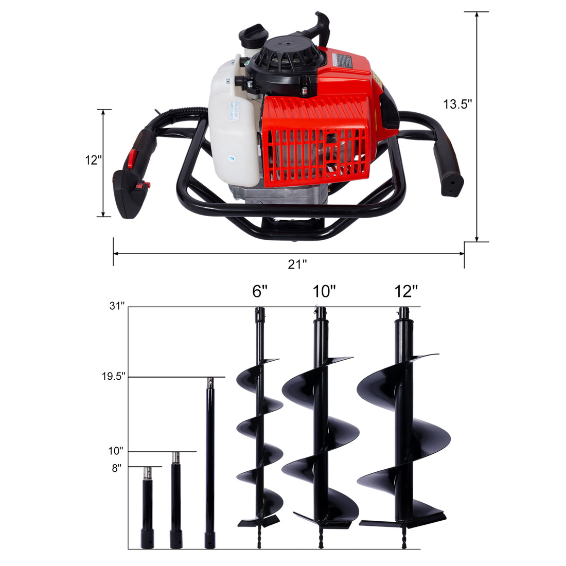 2.7Hp Post Hole Digger 63Cc Gas Powered 2 Stroke Auger Digging Drill Shaft Size 3 4" ,Epa Certificated With L6" L10" L12" Drill Bits Ext Rod Kits Black Steel