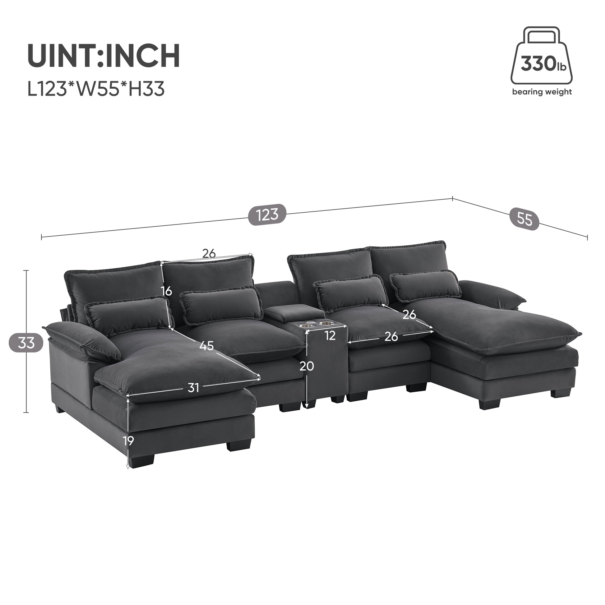 123*55" Modern U Shaped Sofa With Console,Cupholders And Usb Ports,6 Seat Upholstered Symmetrical Indoor Furniture,Sleeper Couch Set With Chaise For Living Room,Apartment,2 Colors Gray Velvet 6 Seat