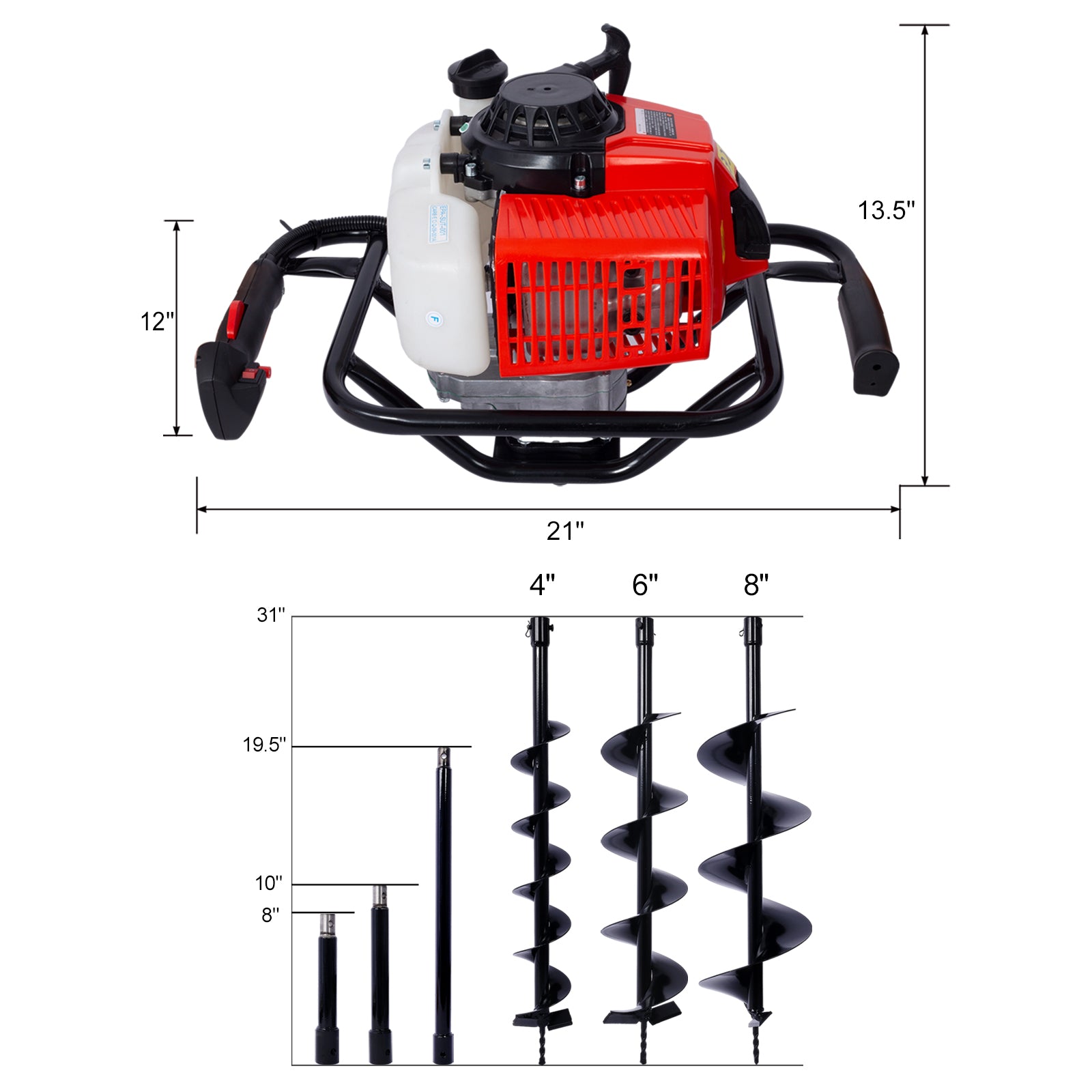 2.7Hp Post Hole Digger 63Cc Gas Powered 2 Stroke Auger Digging Drill Shaft Size 3 4" ,Epa Certificated With L4" L6" L8" Drill Bits Ext Rod Kits Black Steel