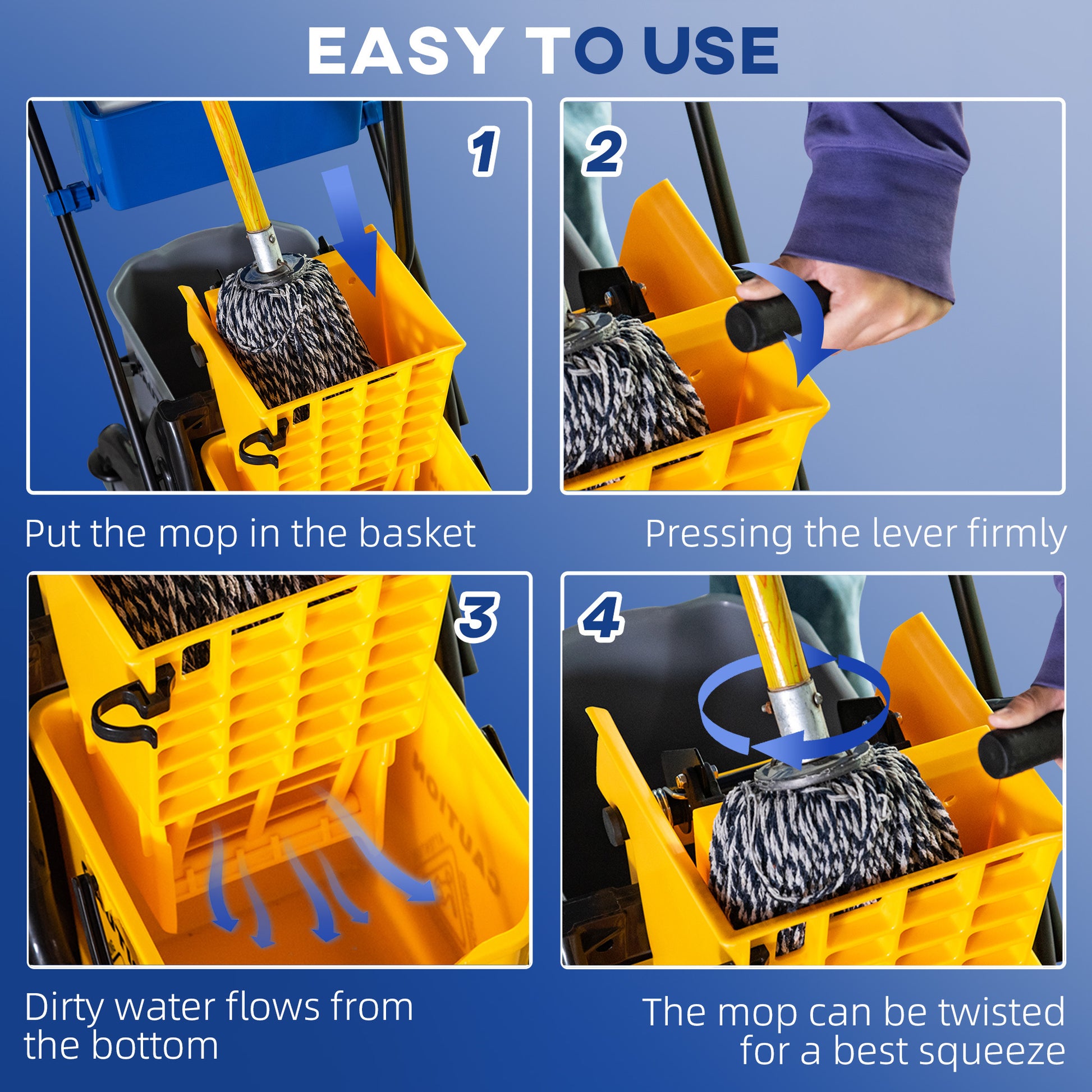 Homcom 6.9 Gallon Mop Water Bucket Wringer Cart With Easy To Use Side Press Wringer, Smooth Wheels, Mop Handle Holder Yellow Plastic