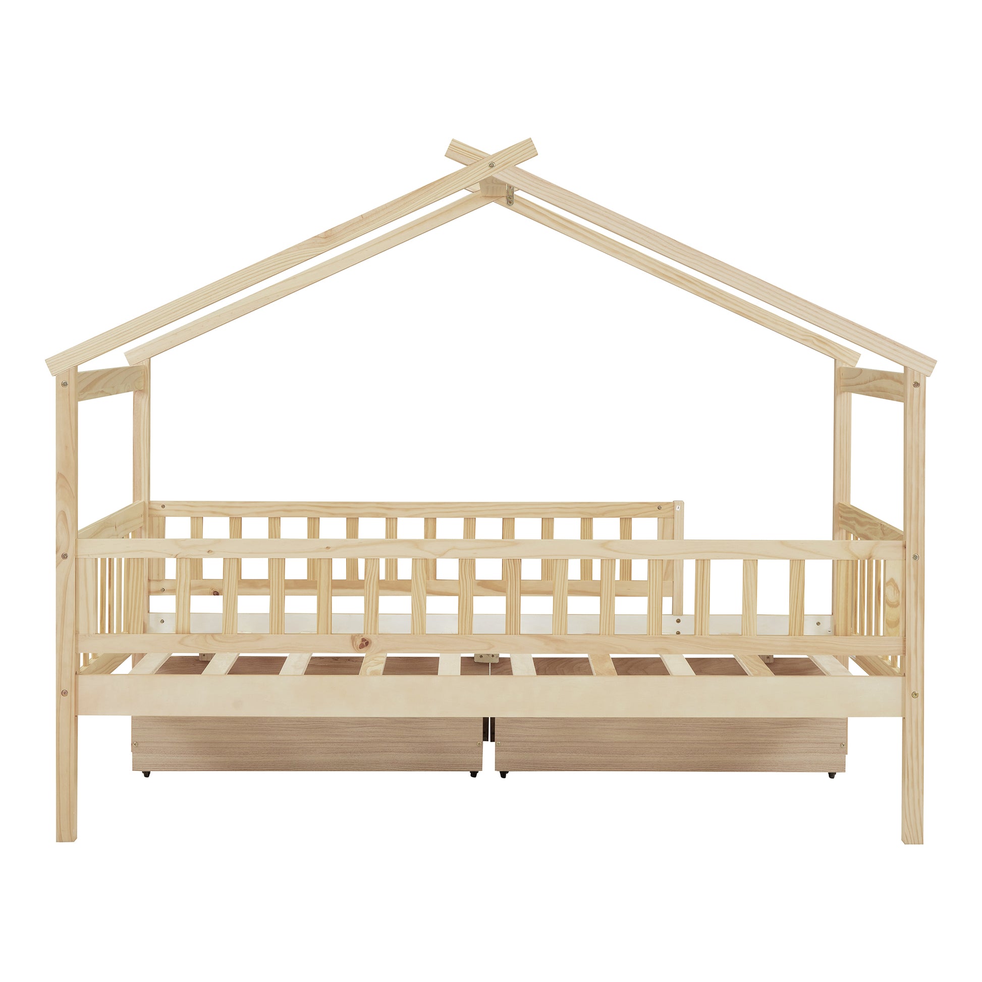 Twin Size Wooden House Bed With Two Drawers, Natural Box Spring Not Required Twin Natural Wood Bedroom Pine Bed Frame Wood