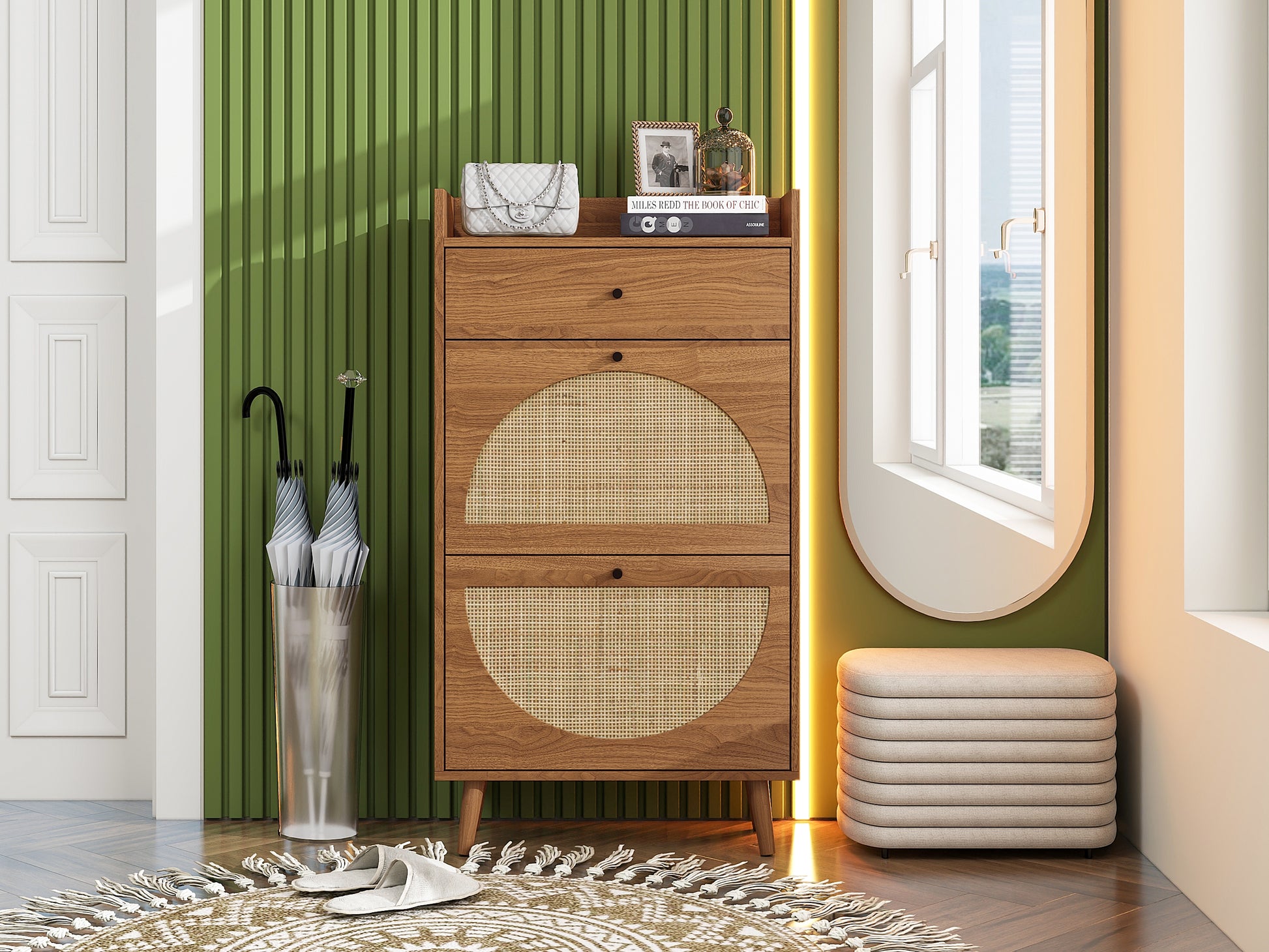 Rattan, Allen 2 Door 1 Drawer Cabinet, Shoe Rack, Double Layer, Suitable For Entrance Walnut Particle Board
