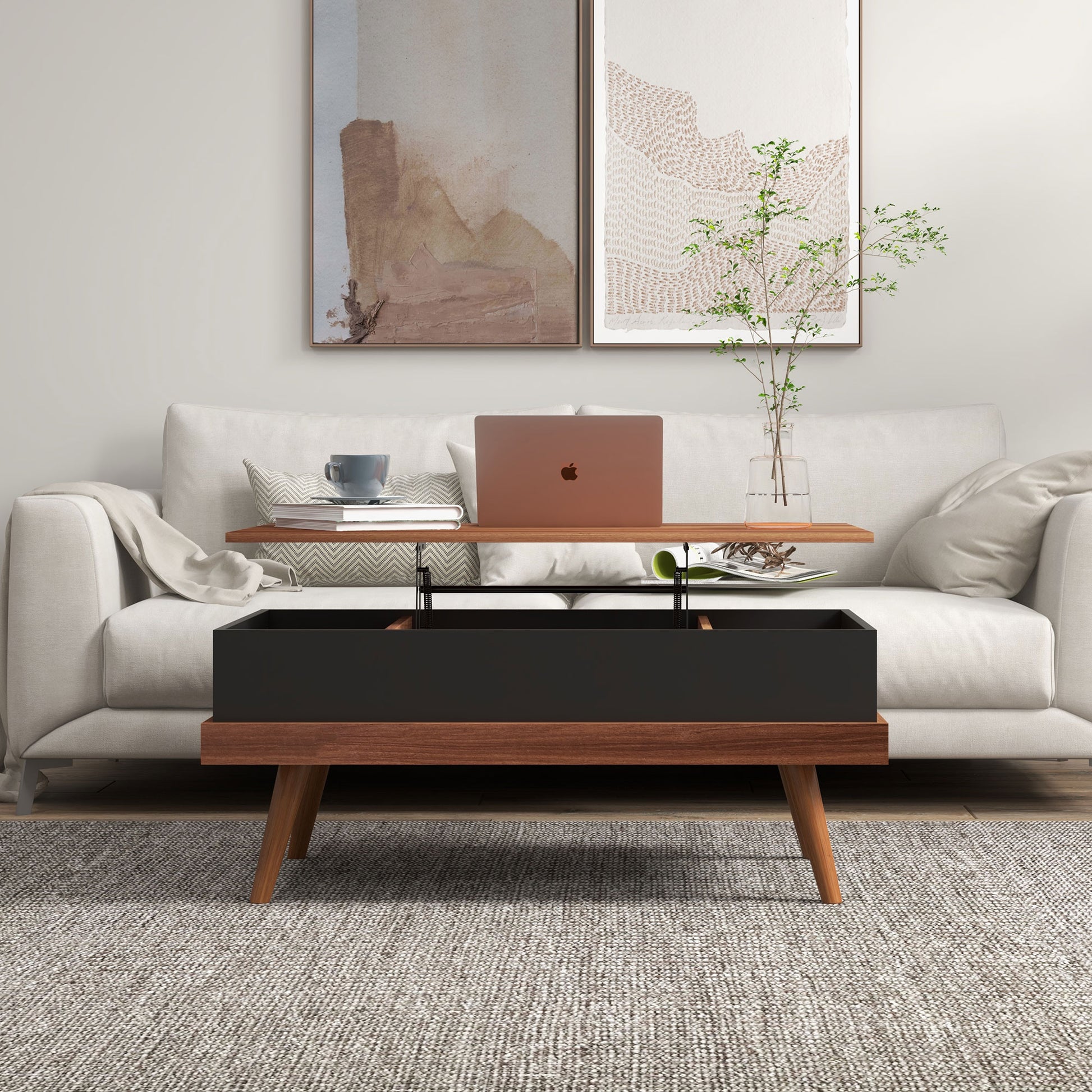Homcom Lift Top Coffee Table, 39.25" Coffee Table With Hidden Compartments And Wood Legs, Walnut Natural Particle Board