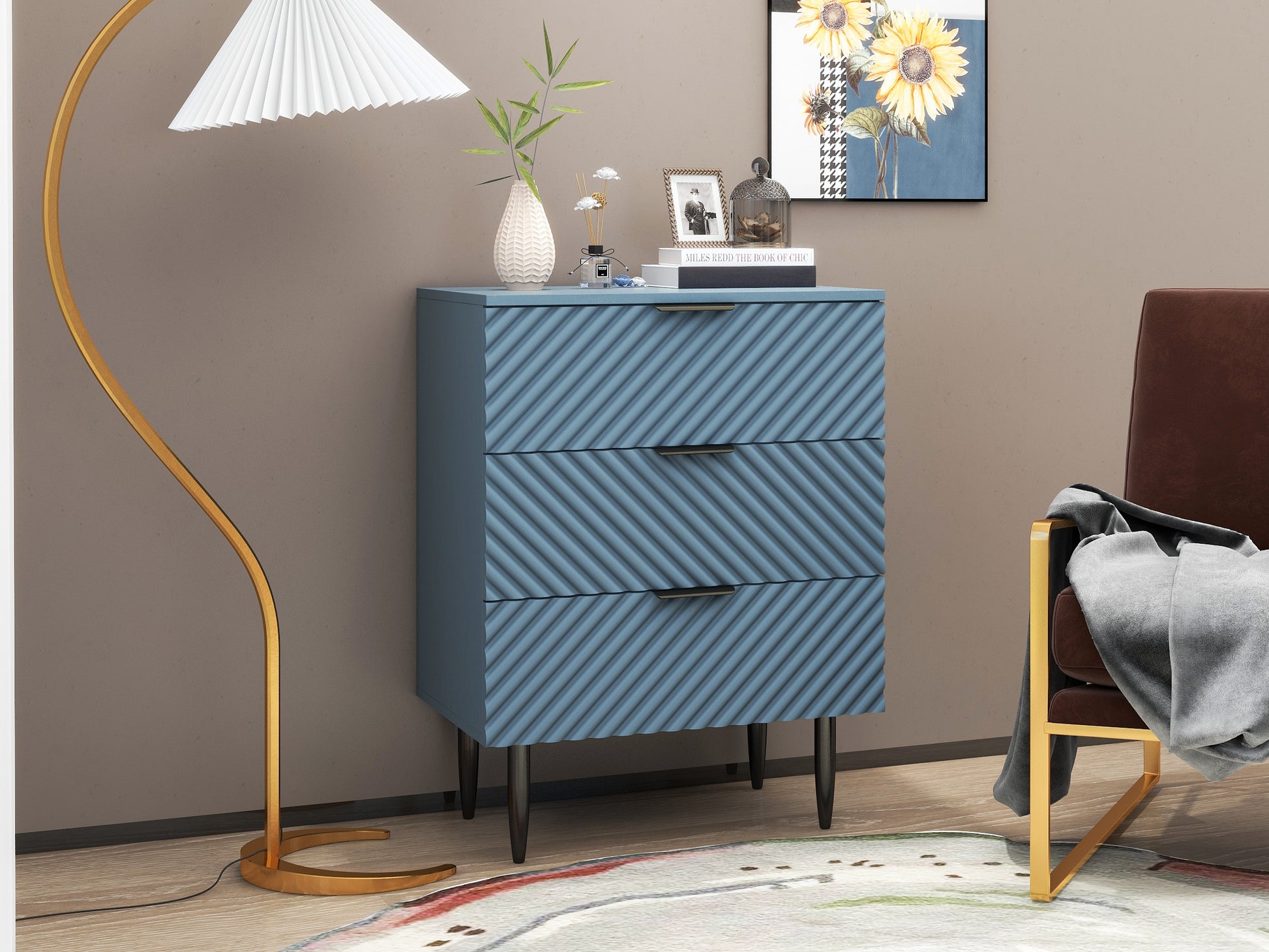 3 Drawer Cabinet, Accent Storage Cabinet, Suitable For Bedroom, Living Room, Study Blue Particle Board