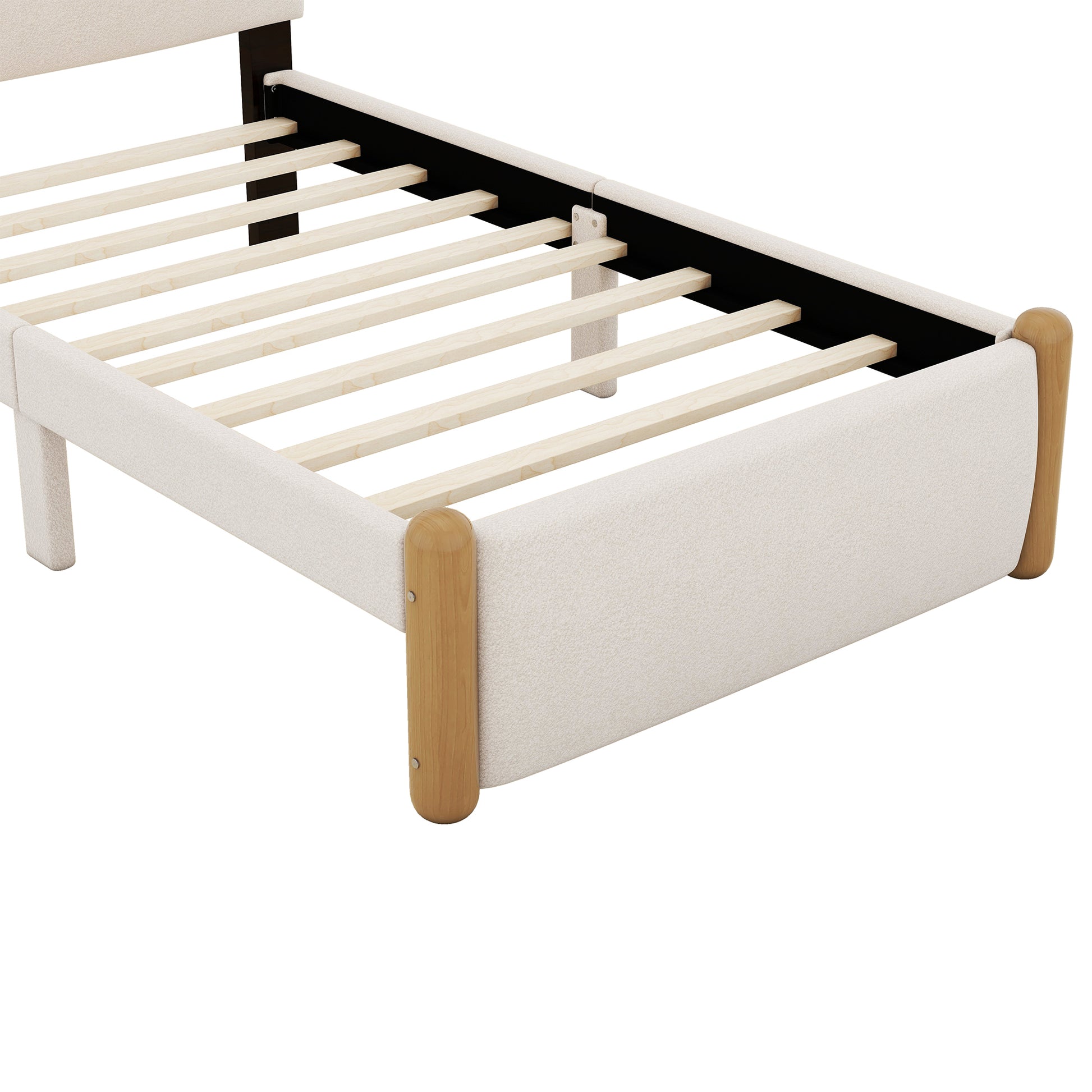 Twin Size Upholstered Platform Bed With Wood Supporting Feet, Beige Box Spring Not Required Twin Beige Bedroom Bed Frame Upholstered