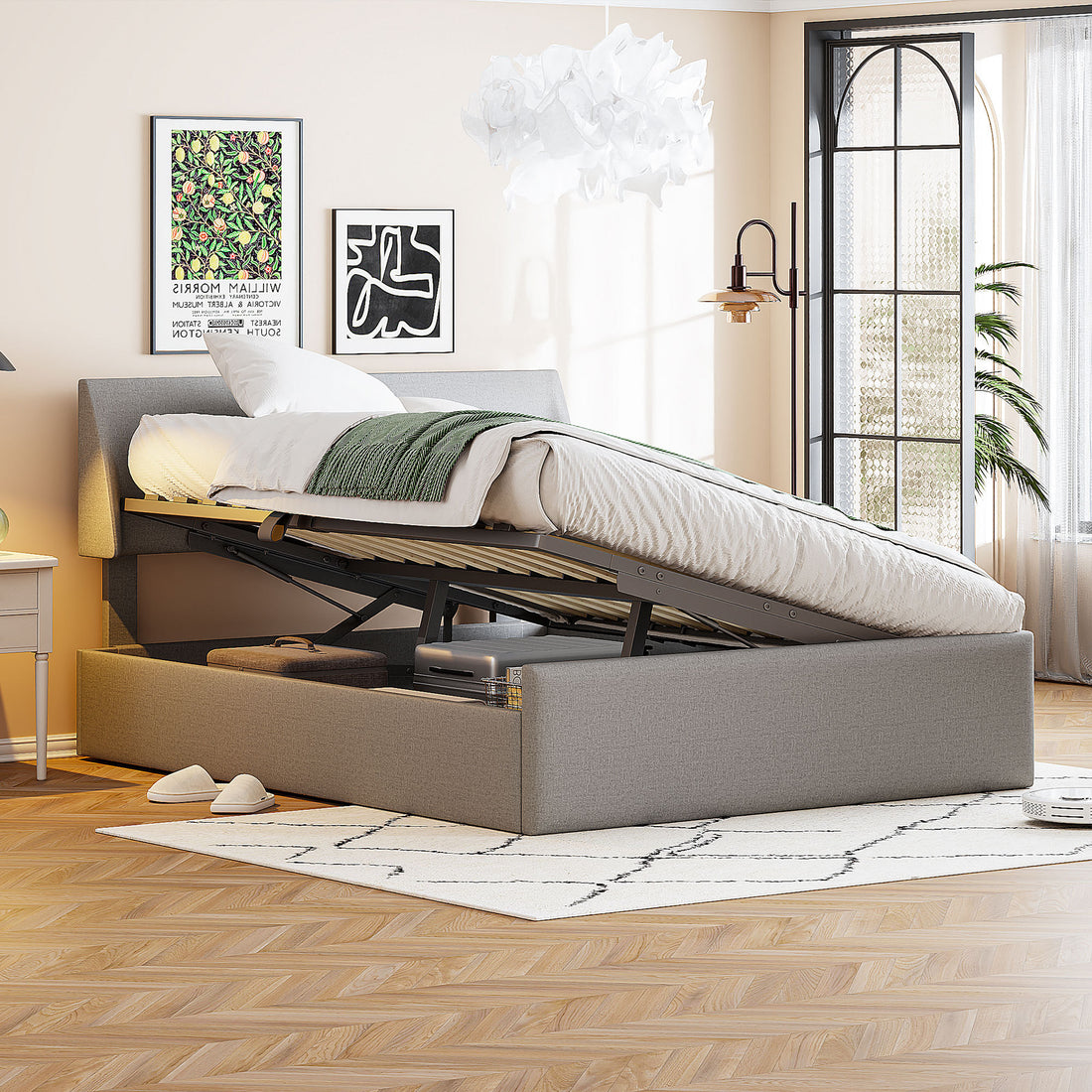 Full Size Sleigh Bed With Side Tilt Hydraulic Storage System, Linen Upholstery, Gray Gray Linen