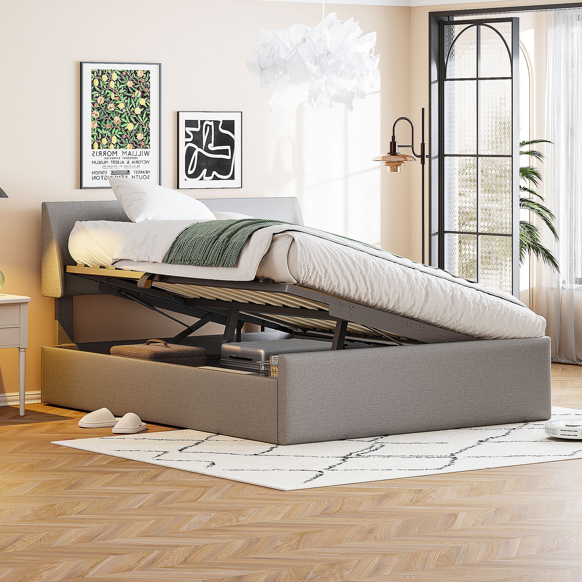 Full Size Sleigh Bed With Side Tilt Hydraulic Storage System, Linen Upholstery, Gray Gray Linen