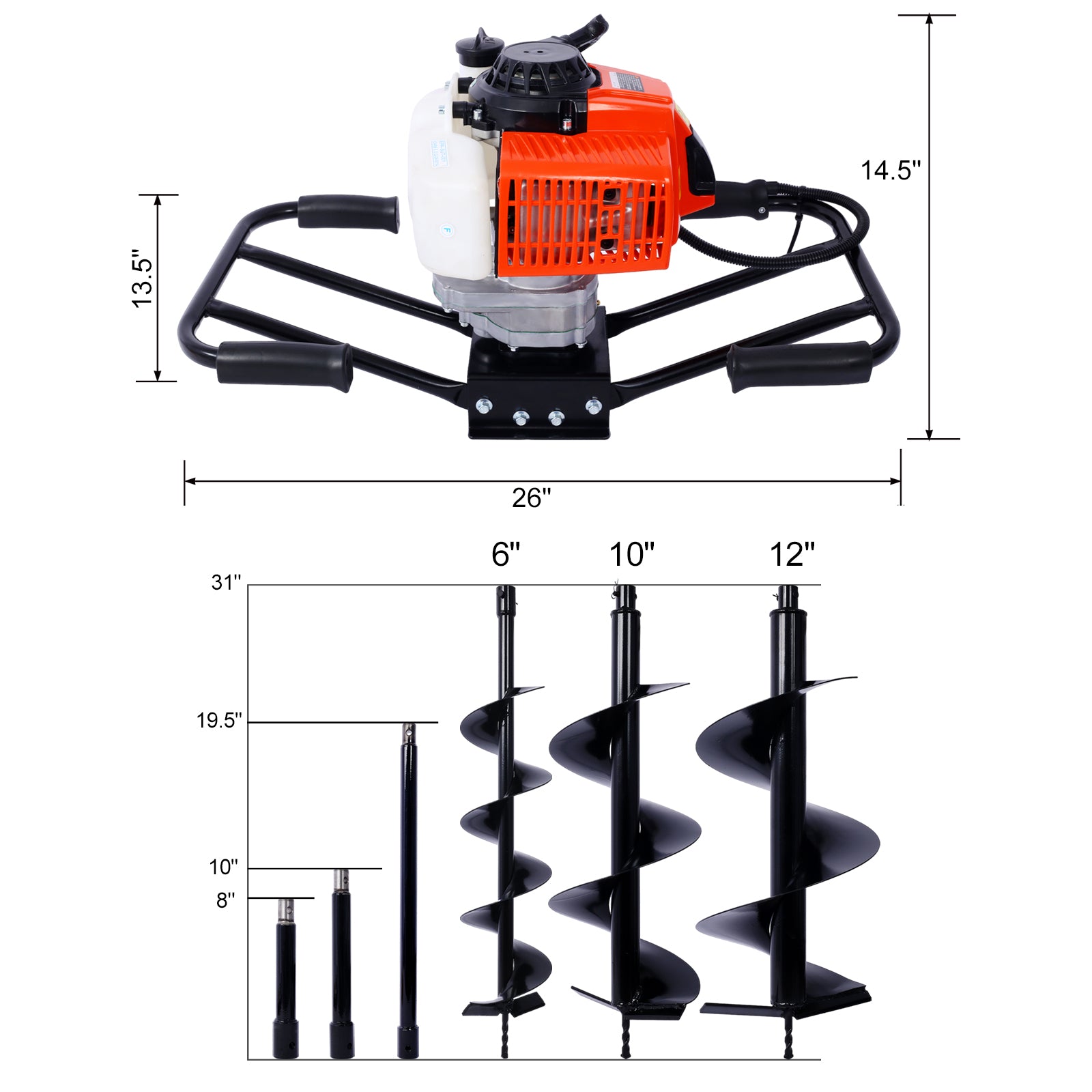 2.7Hp Post Hole Digger 63Cc Two Person Handle Gas Powered 2 Stroke Auger Digging Drill Shaft Size 3 4" Machine Only Epa Complaint With L6" L10" L12" Drill Bits Ext Rod Kits Black Steel