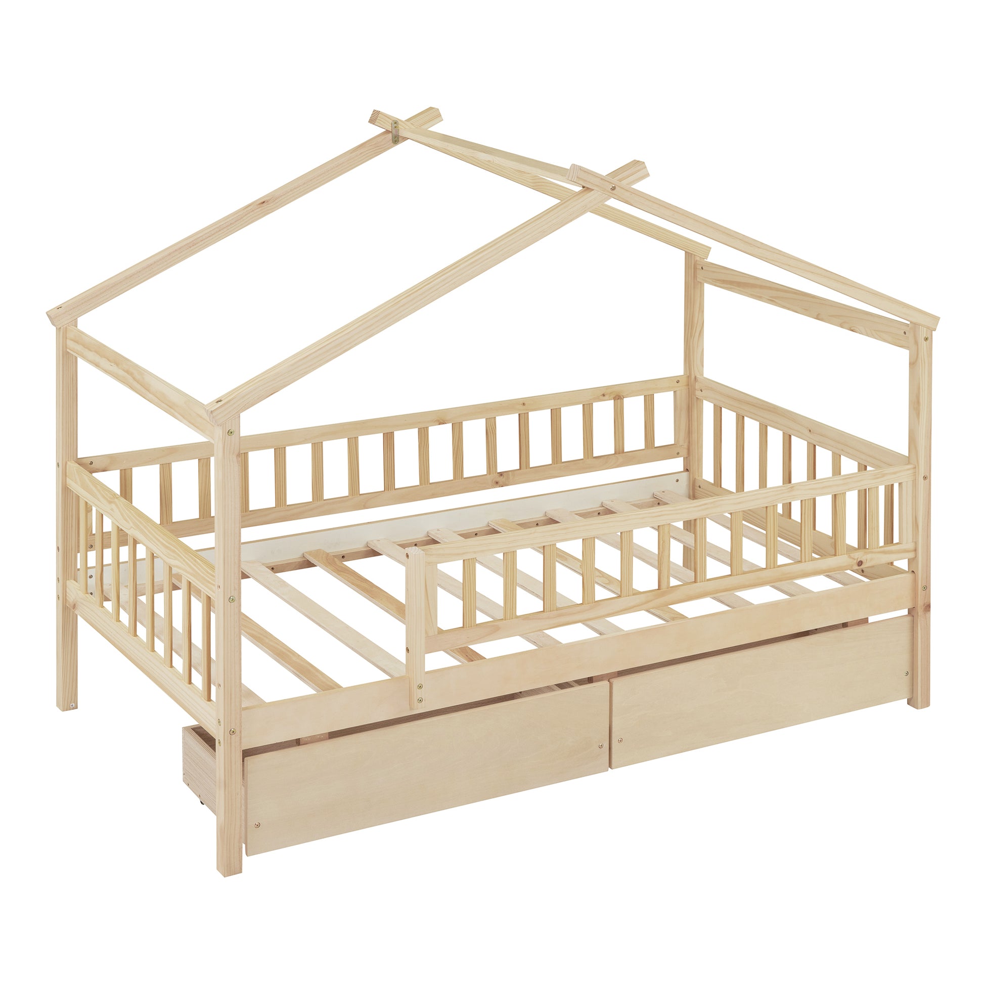 Twin Size Wooden House Bed With Two Drawers, Natural Box Spring Not Required Twin Natural Wood Bedroom Pine Bed Frame Wood