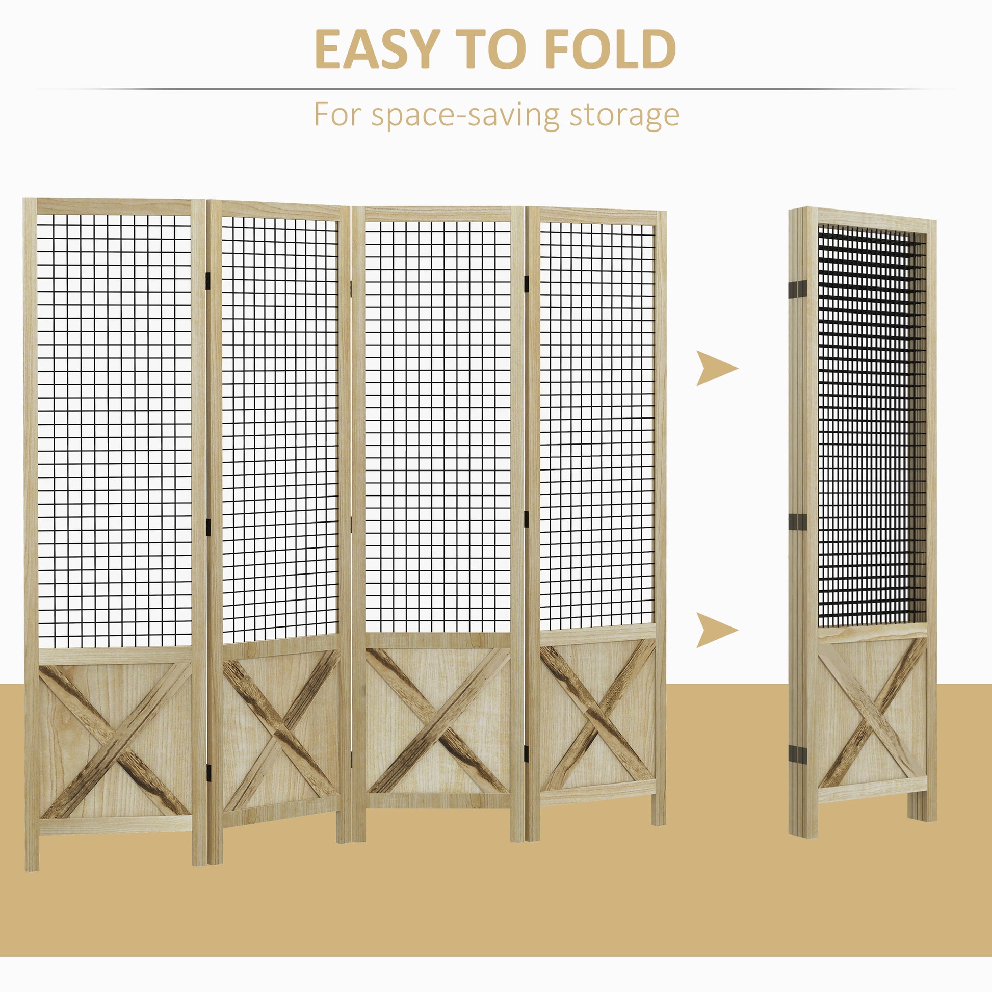 Homcom 4 Panel Room Divider, 4.7 Ft Tall Wood Indoor Portable Folding Privacy Screens, Partition Wall Divider For Home Office, Natural Natural Wood