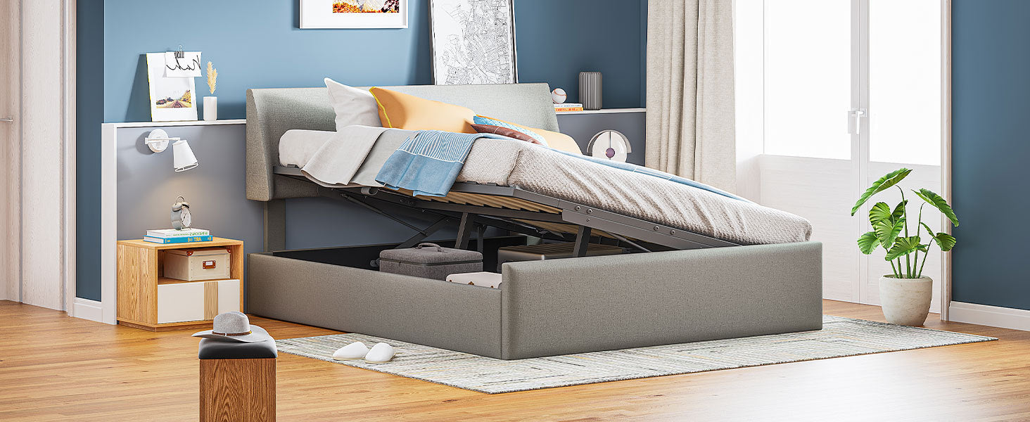 Queen Size Sleigh Bed With Side Tilt Hydraulic Storage System, Linen Upholstery, Gray Gray Linen