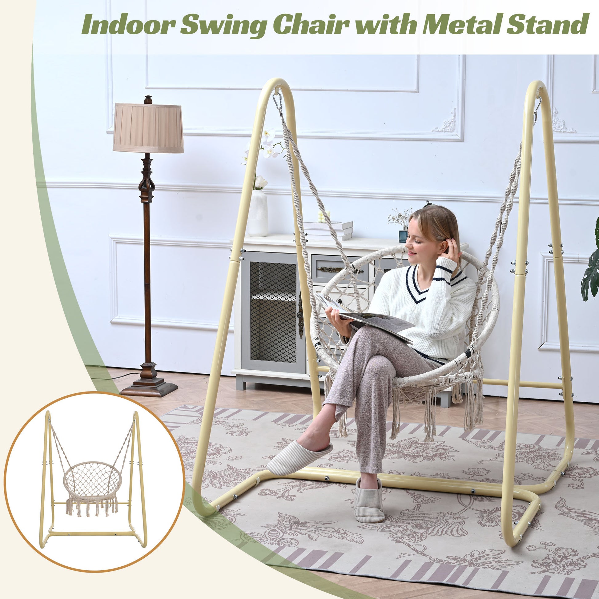 Swing Chair Handmade Macrame Swing Hammock Chair With Stand Cream Color Metal