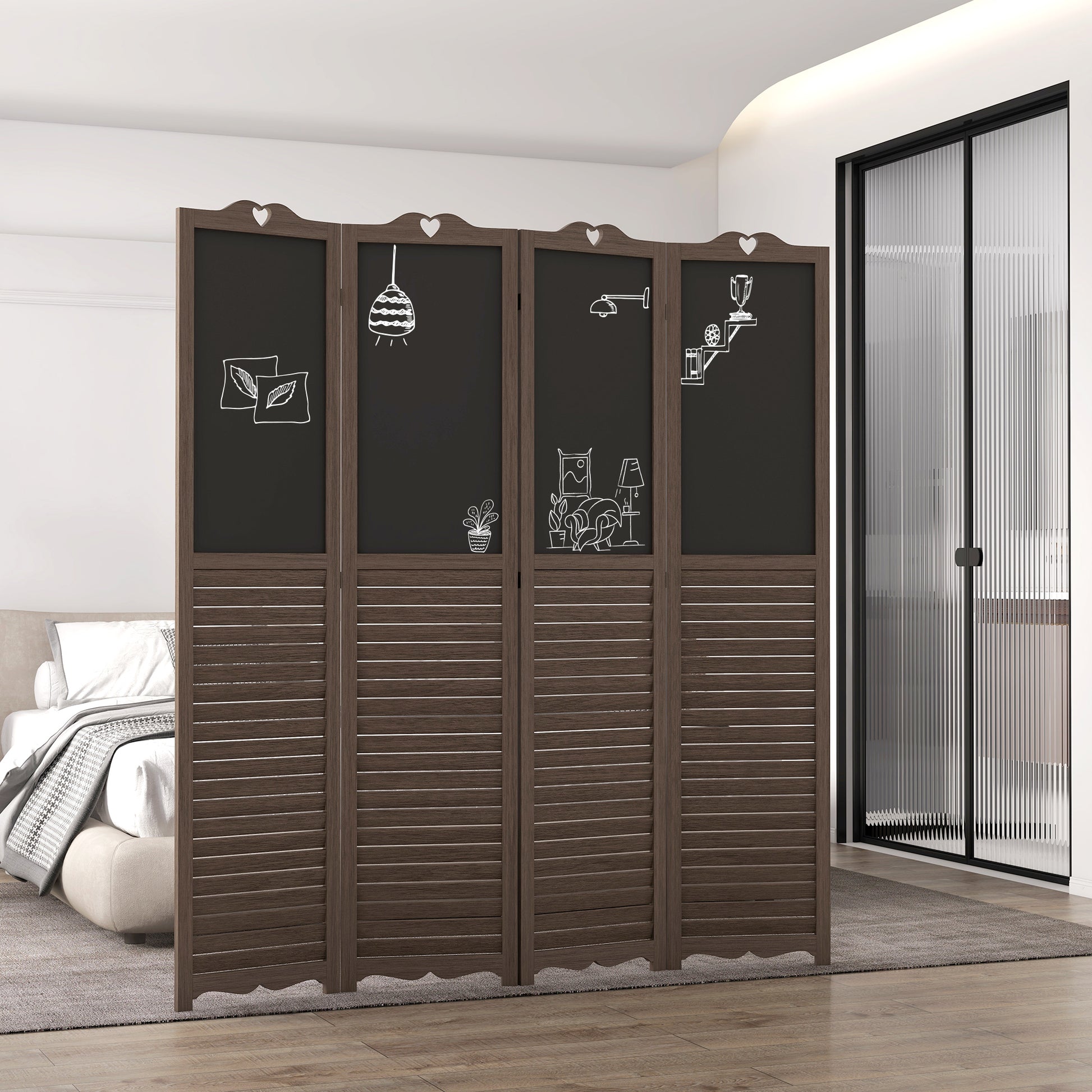 Homcom 4 Panel Folding Room Divider With Blackboard, 5.5 Ft Tall Freestanding Privacy Screen Panels For Bedroom Or Office, Walnut Brown Natural Wood