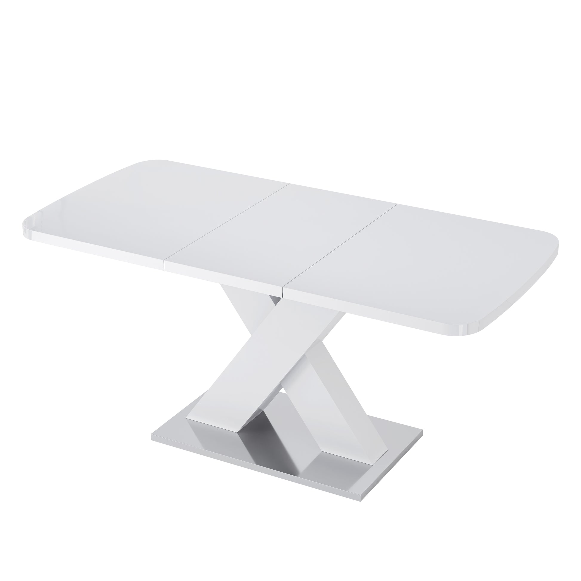 Modern Square Dining Table, Stretchable, White Table Top Mdf X Shape Table Leg With Metal Base White Coffee & End Tables Mdf Steel