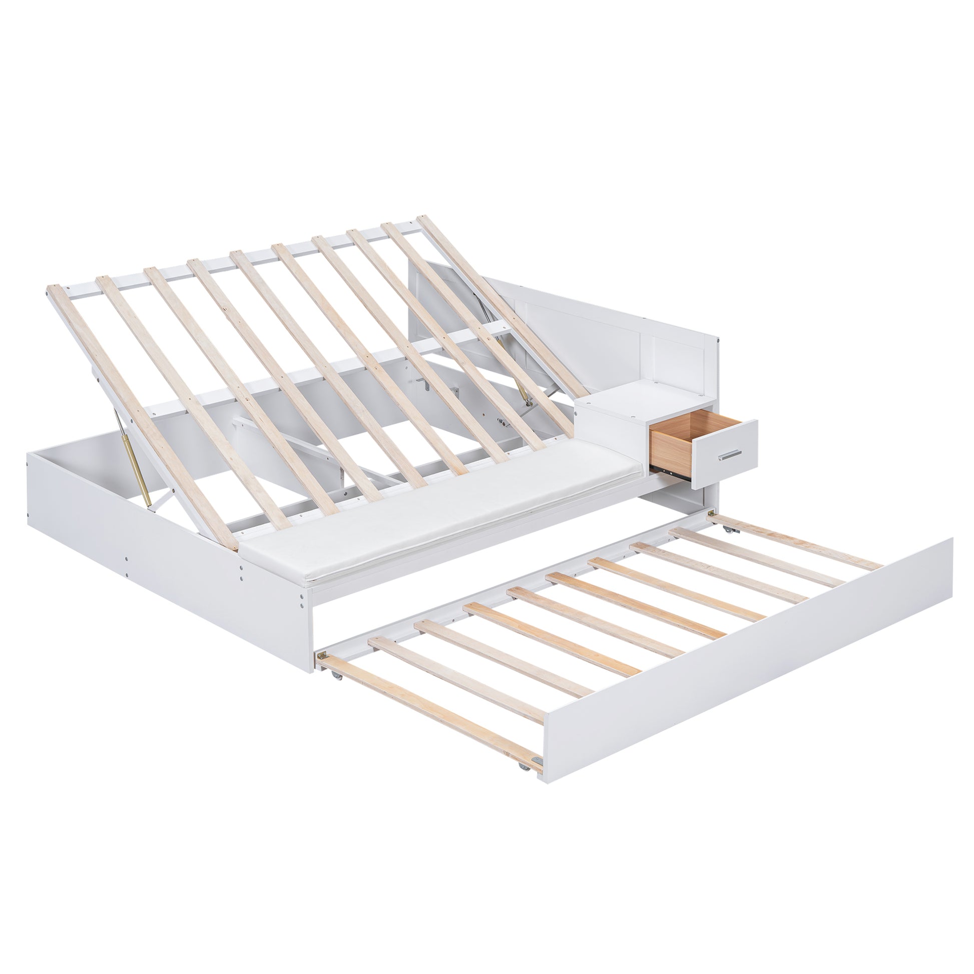 Full Size Wood Storage Hydraulic Platform Bed With Twin Size Trundle, Side Table And Lounge, White Box Spring Not Required Full White Wood Bedroom Bed Frame Solid Wood Mdf