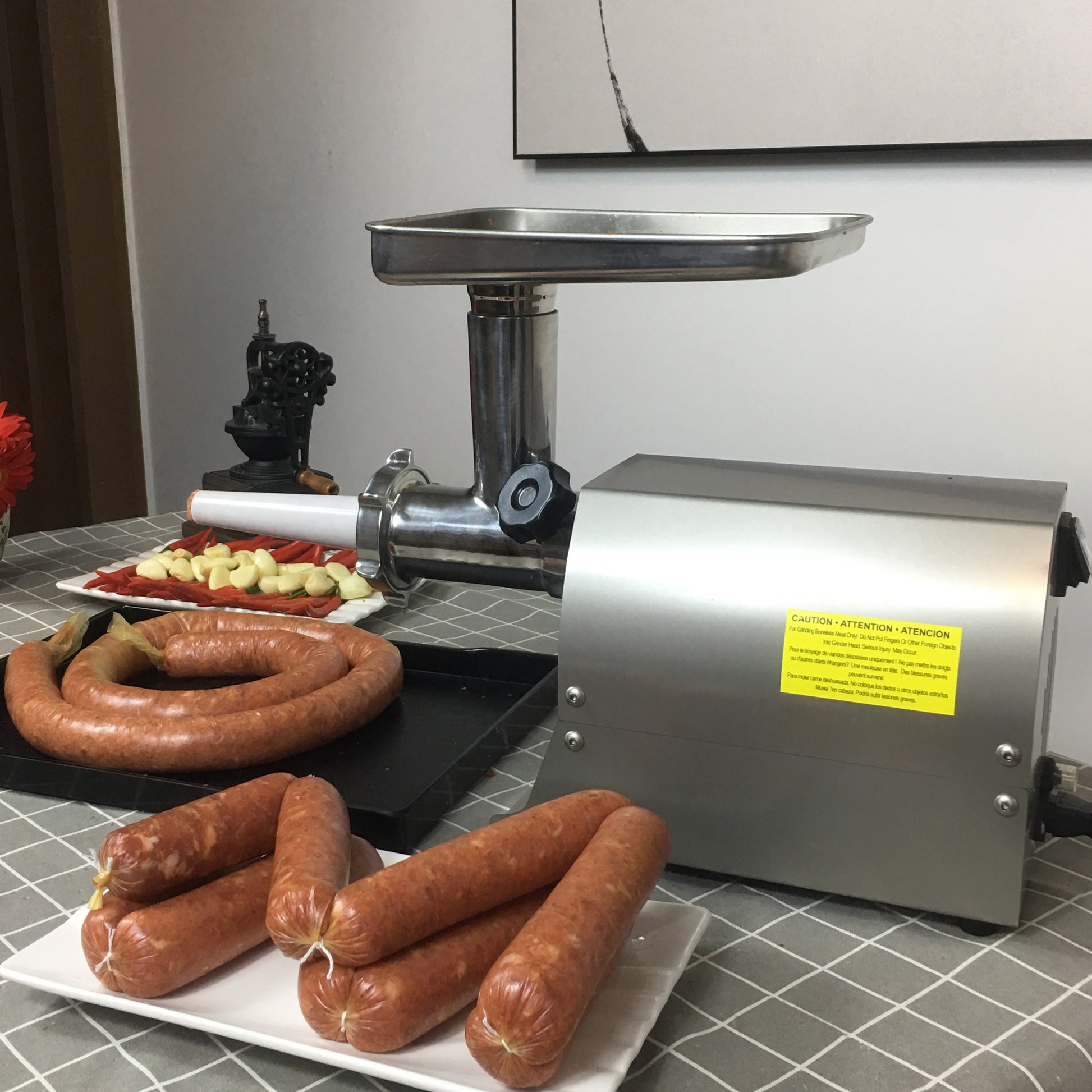 Meat Grinder Commercial Meat Grinding Machine Electric Meat Chopper Mincer With 4 6 8Mm Grinding Plates & Stuffing Tubes Stainless Steel Aqua Grey Kitchen Stainless Steel