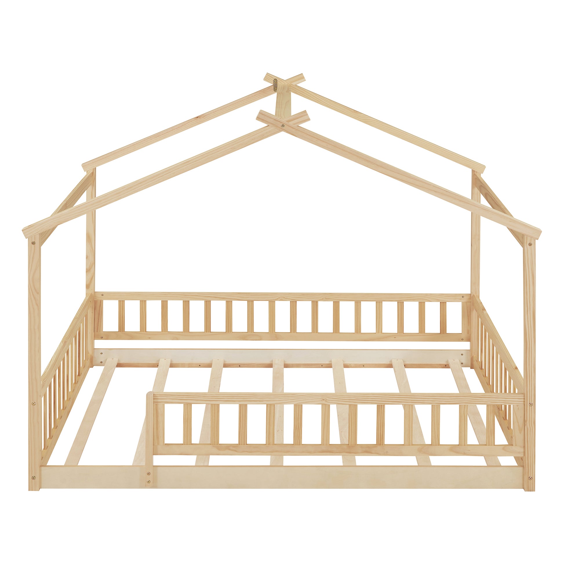 Full Size Wood Bed House Bed Frame With Fence, For Kids, Teens, Girls, Boys,Natural Box Spring Not Required Full Natural Wood Pine Bed Frame Wood