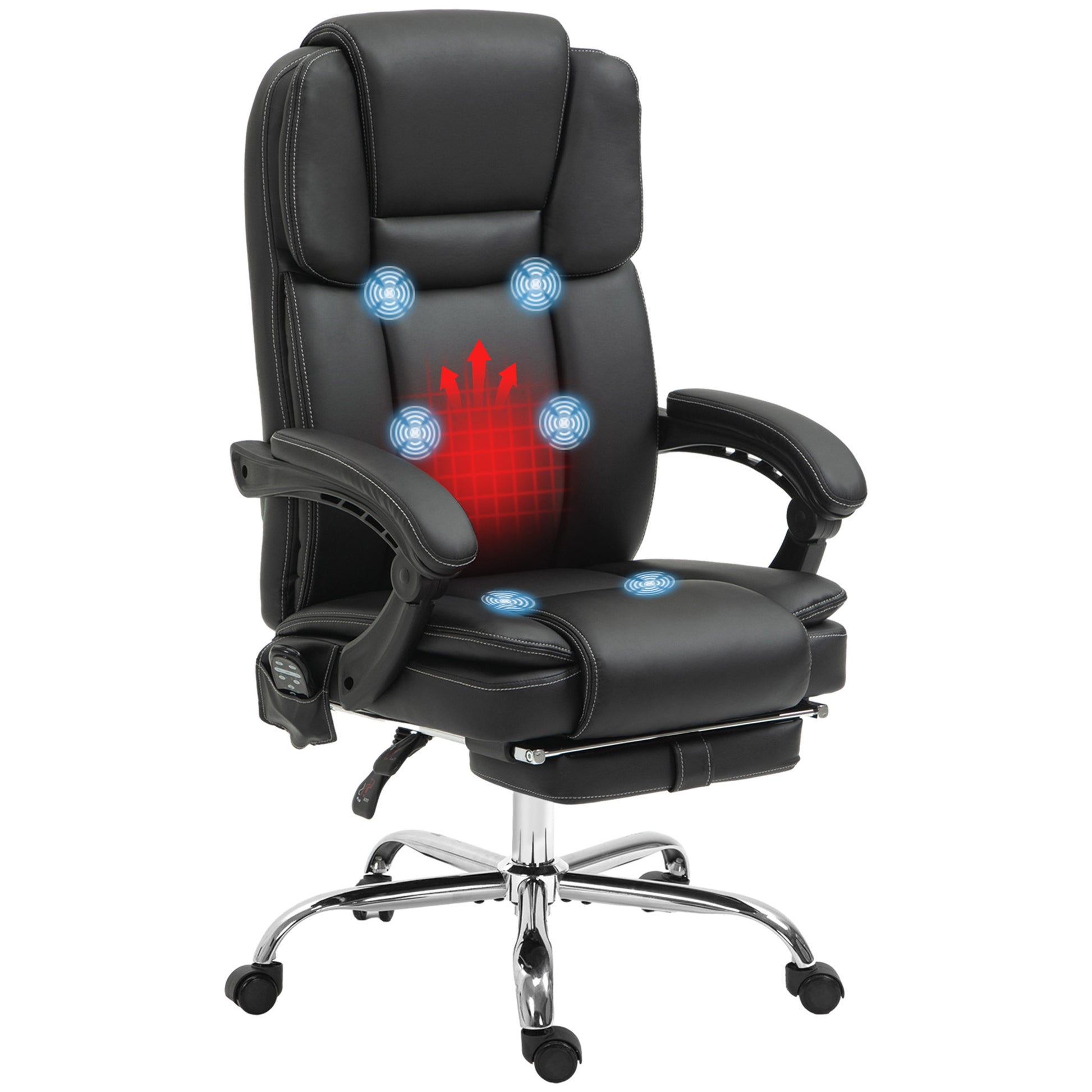 Vinsetto Massage Office Chair With 6 Vibration Points, Heated Reclining Pu Leather Computer Chair With Adjustable Height, Footrest, Black Black Pu Leather