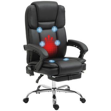 Vinsetto Massage Office Chair With 6 Vibration Points, Heated Reclining Pu Leather Computer Chair With Adjustable Height, Footrest, Black Black Pu Leather