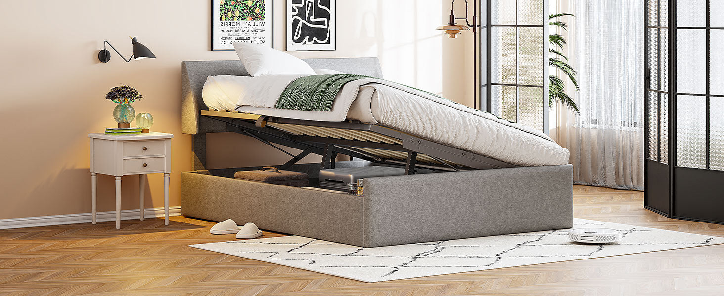 Full Size Sleigh Bed With Side Tilt Hydraulic Storage System, Linen Upholstery, Gray Gray Linen