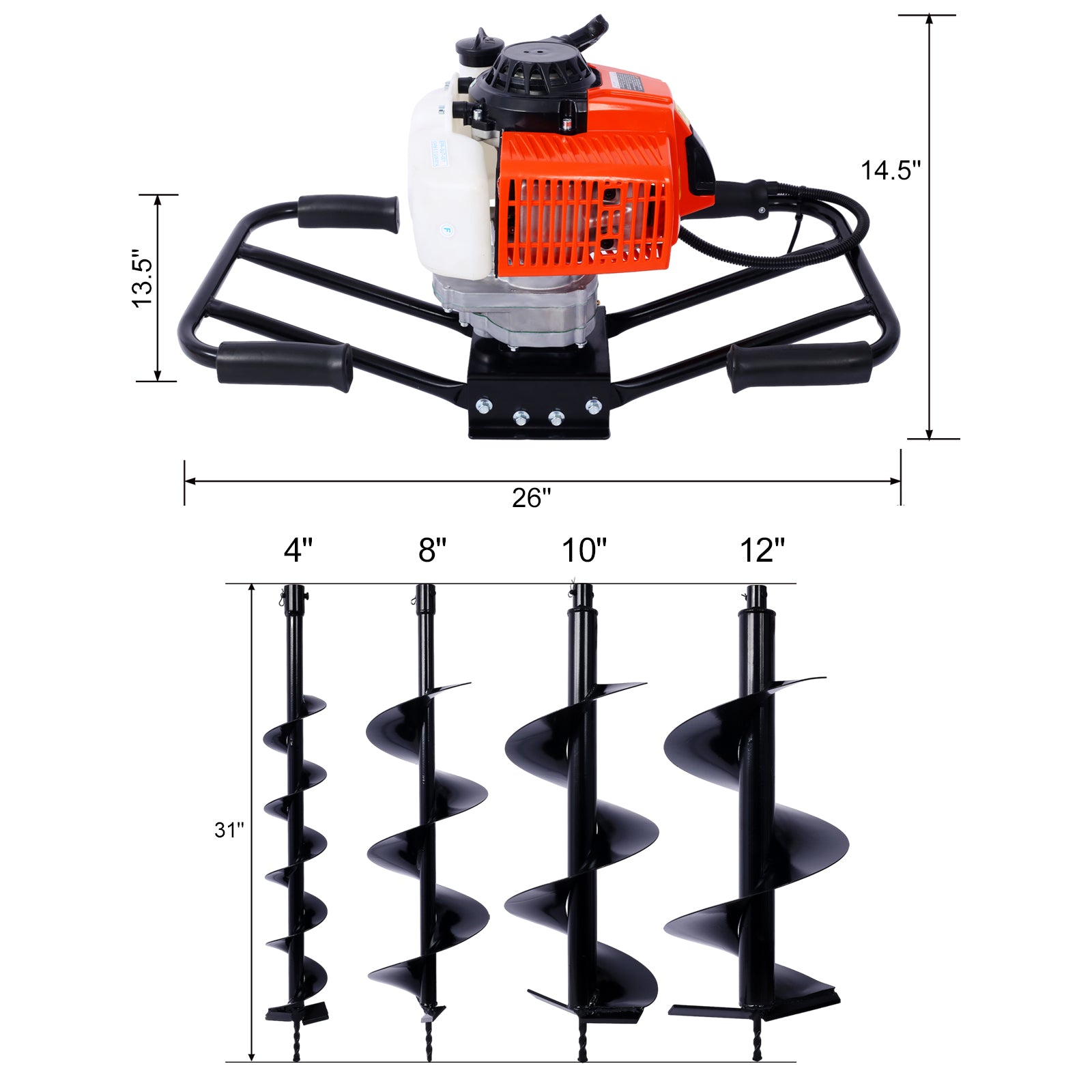 2.7Hp Post Hole Digger 63Cc Two Person Handle Gas Powered 2 Stroke Auger Digging Drill Shaft Size 3 4" Machine Only Epa Complaint With L4" L8" L10" L12" Drill Bits Black Steel