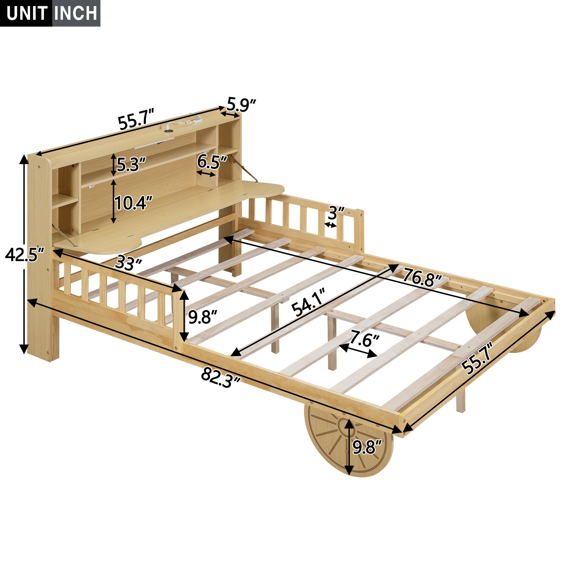 Full Size Car Bed With Bear Shaped Headboard, Usb And Led, Natural Box Spring Not Required Full Natural Bedroom Bed Frame Solid Wood Mdf