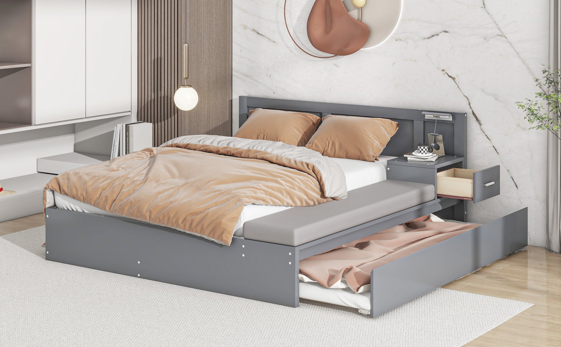 Full Size Wood Storage Hydraulic Platform Bed With Twin Size Trundle, Side Table And Lounge, Gray Box Spring Not Required Full Gray Wood Bedroom Bed Frame Solid Wood Mdf